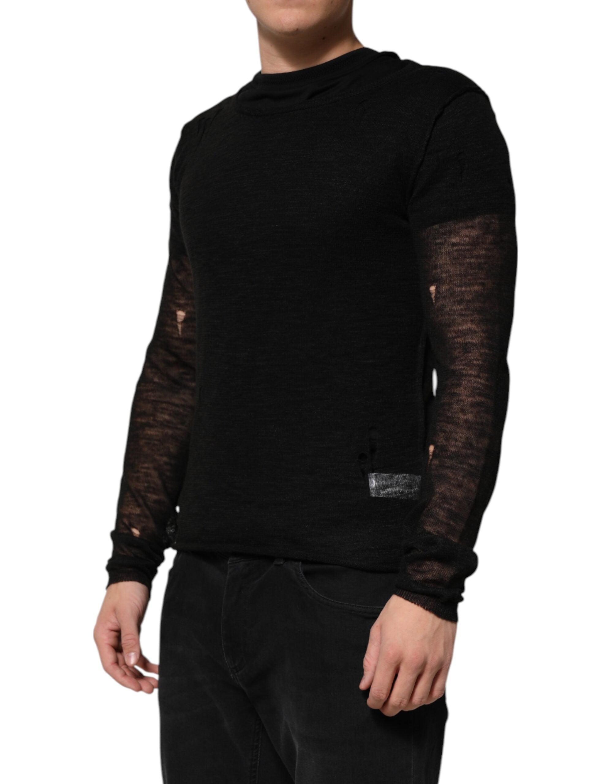 Dolce & Gabbana Black Linen Mesh Tattered Longsleeves Men's T-shirt