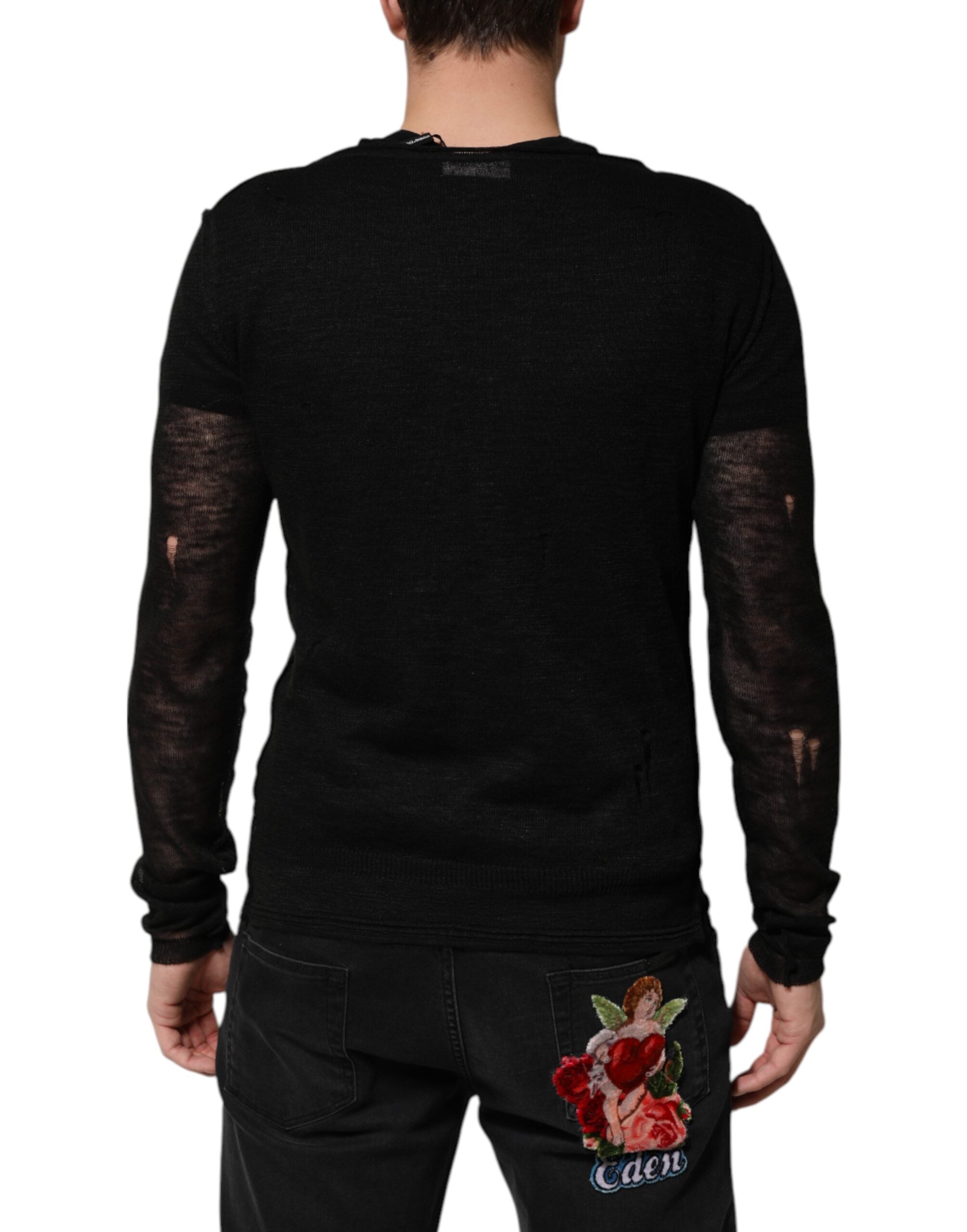 Dolce & Gabbana Black Linen Mesh Tattered Longsleeves Men's T-shirt