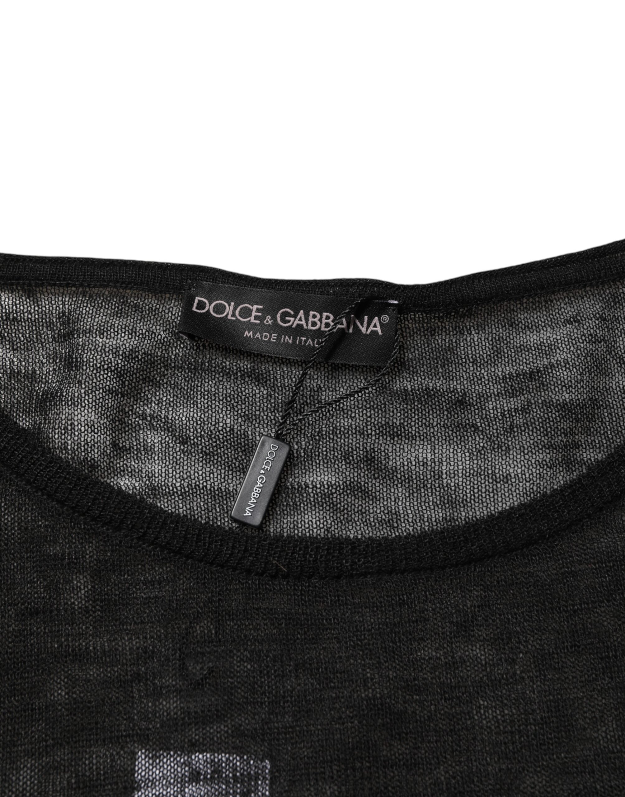 Dolce & Gabbana Black Linen Mesh Tattered Longsleeves Men's T-shirt