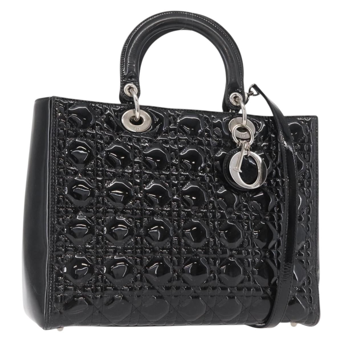 Christian Dior Lady Dior Cannage Stitch Patent Black Patent_Leather Handbag (Pre-Owned)