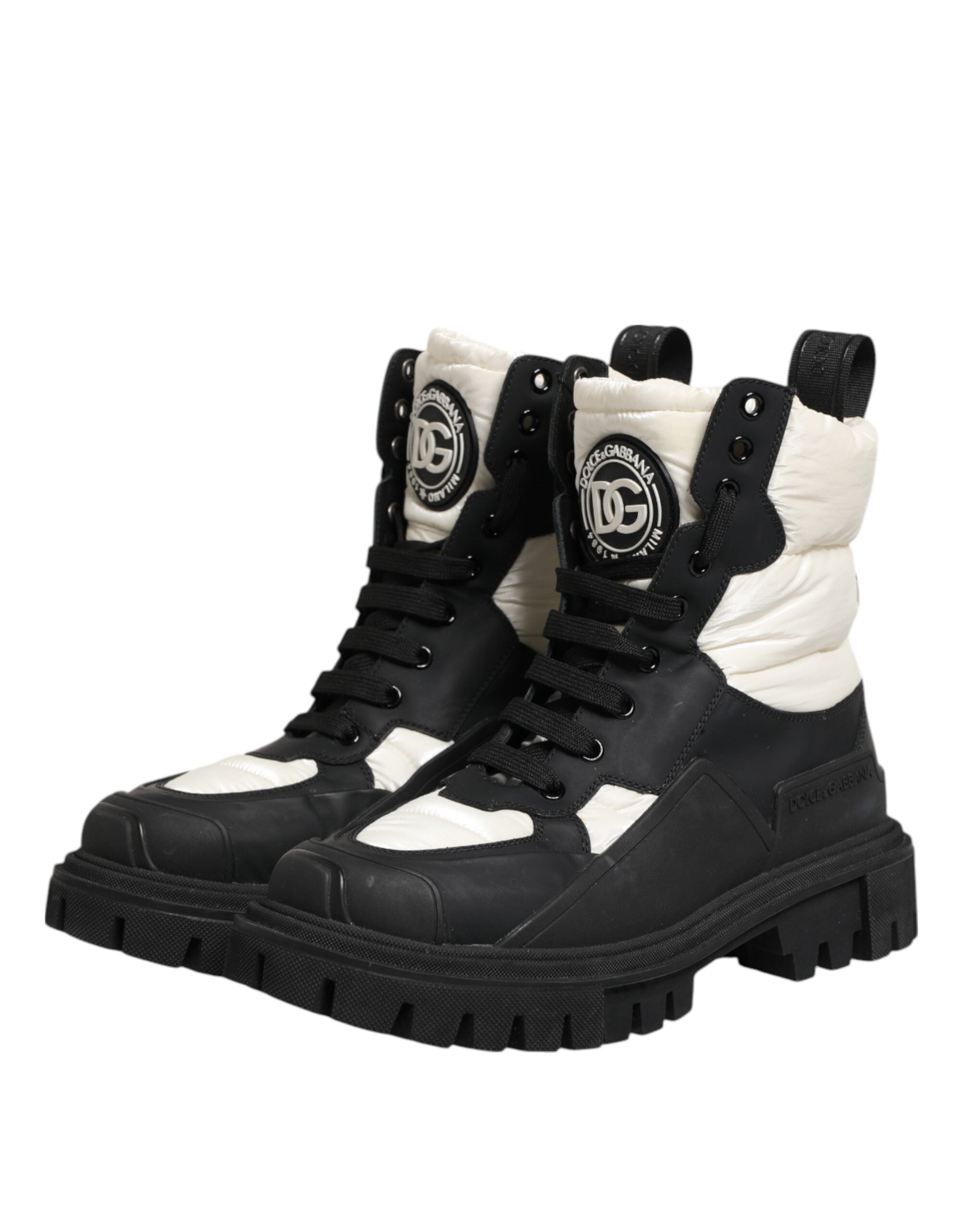 Dolce & Gabbana Black White Padded Mid Calf Lace Up Boots Women's Shoes (Pre-Owned)