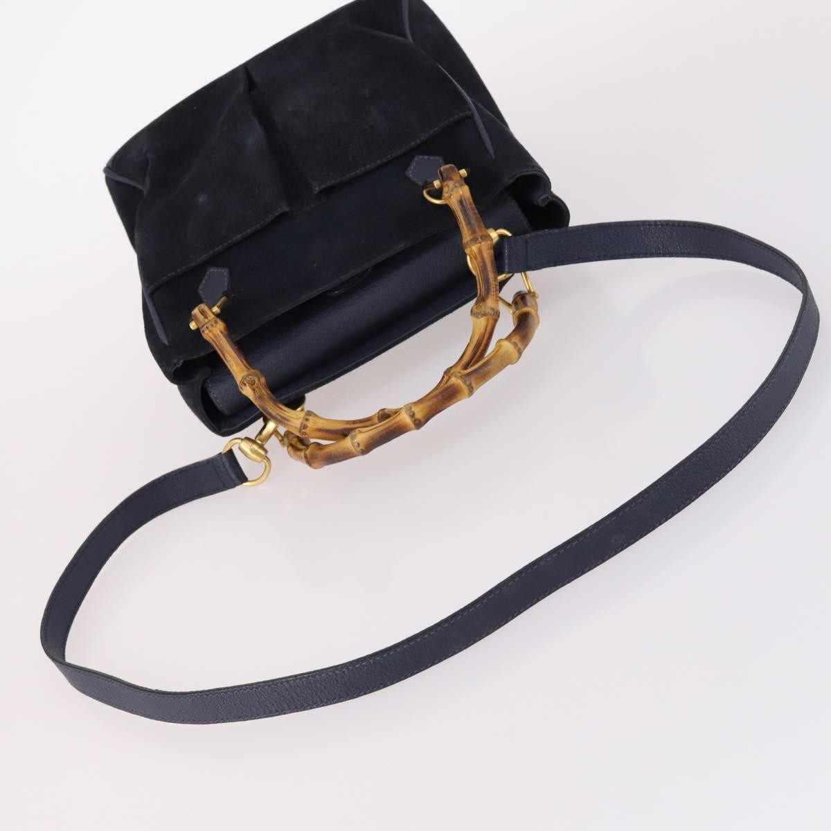 Gucci Vintage Bamboo Handle Suede Navy Suede Handbag (Pre-Owned)