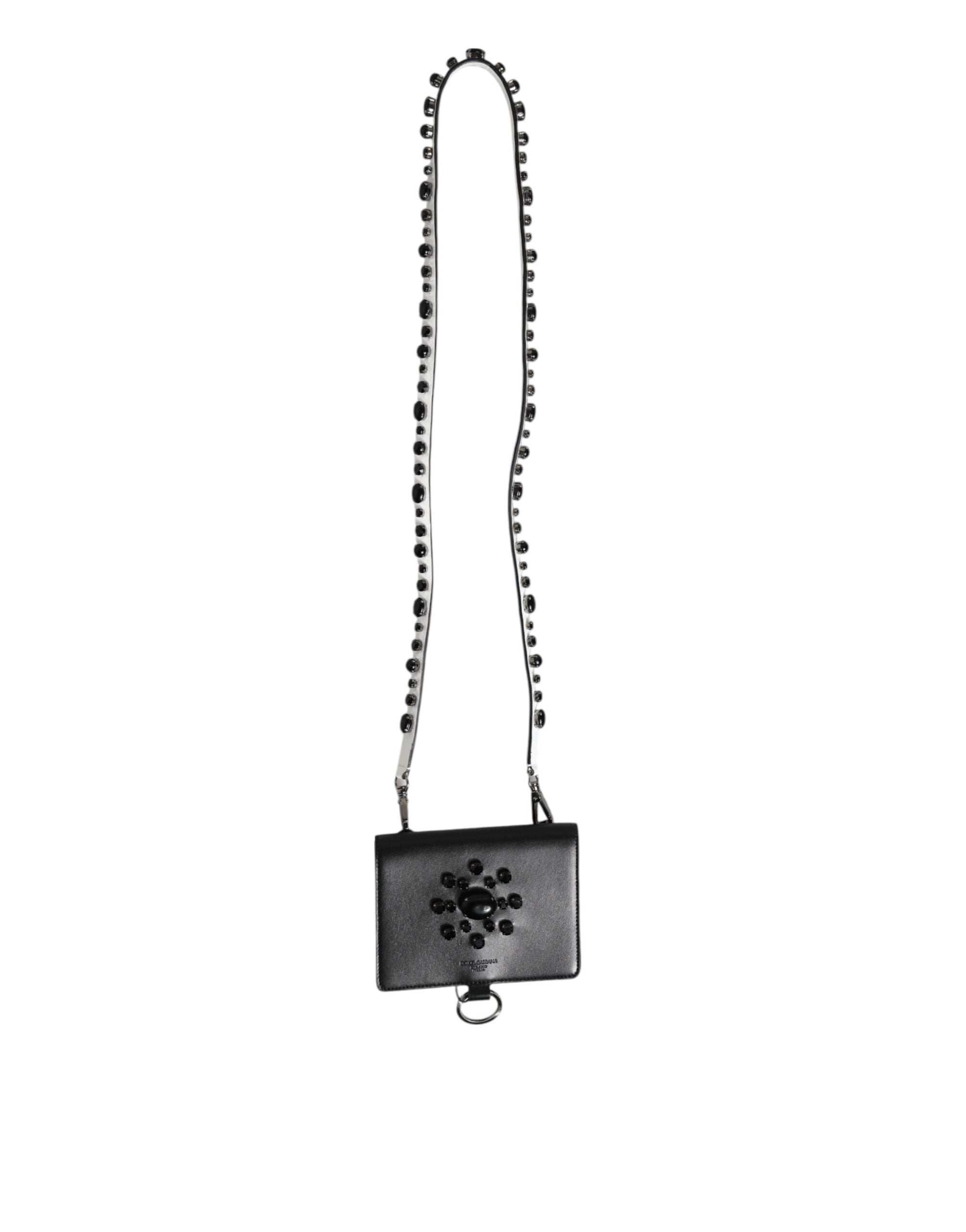 Dolce & Gabbana Black Leather Crystal Embellished Card Holder Women's Wallet