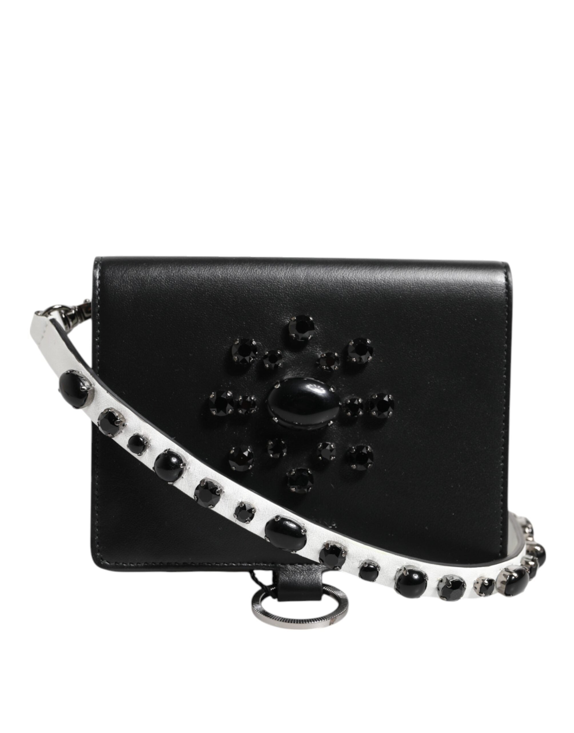 Dolce & Gabbana Black Leather Crystal Embellished Card Holder Women's Wallet