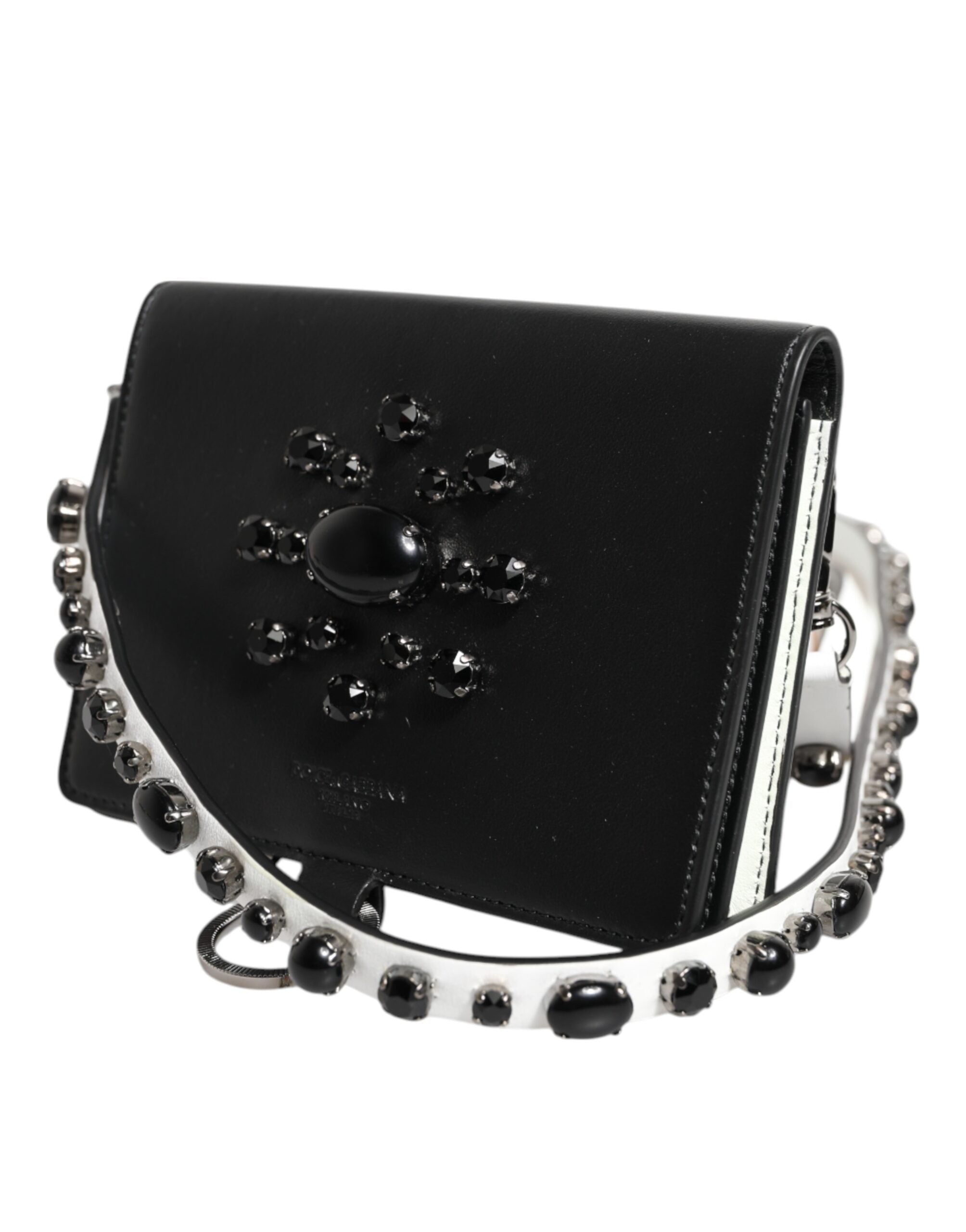 Dolce & Gabbana Black Leather Crystal Embellished Card Holder Women's Wallet