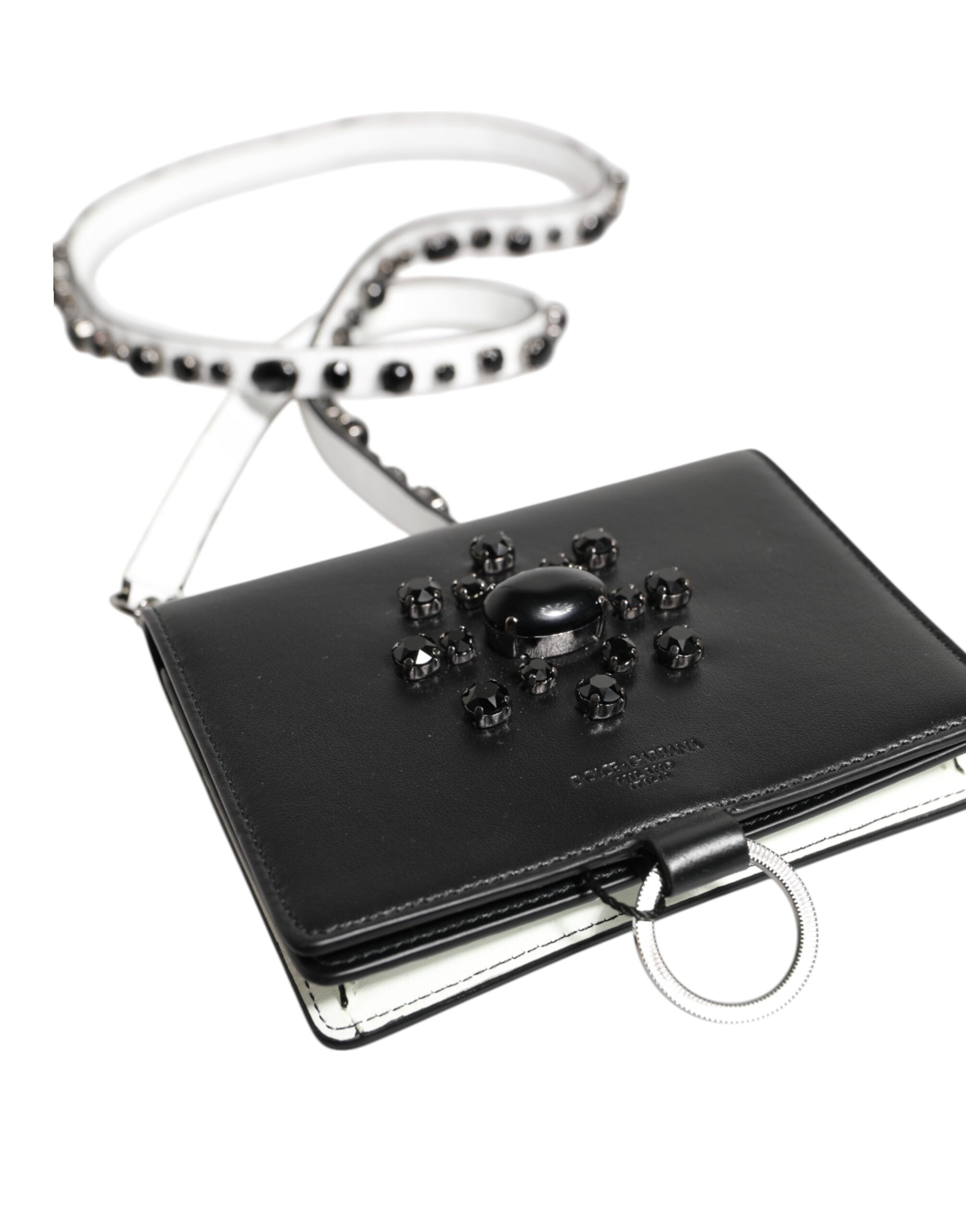 Dolce & Gabbana Black Leather Crystal Embellished Card Holder Women's Wallet