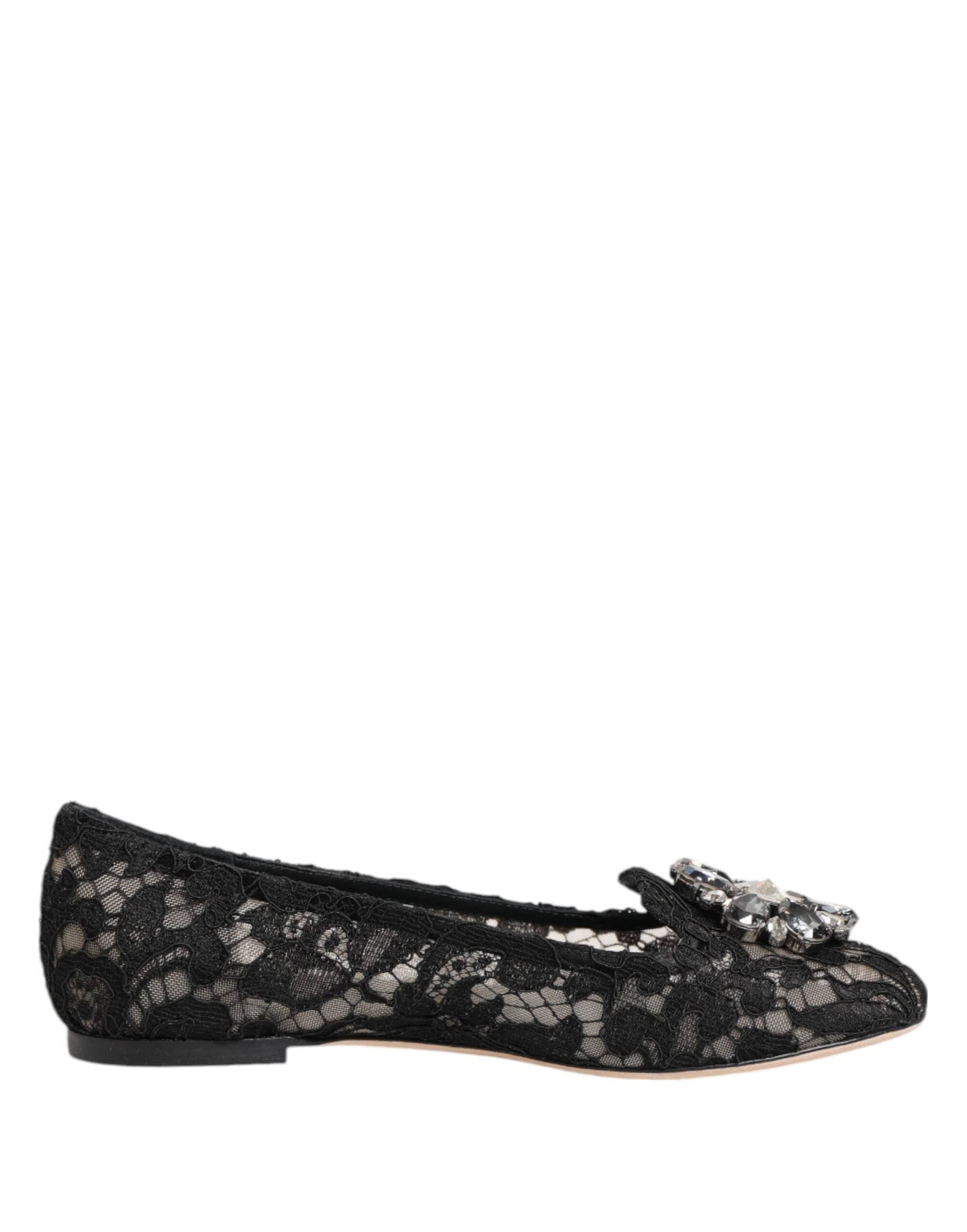 Dolce & Gabbana Black Taormina Lace Crystals Flats Women's Shoes