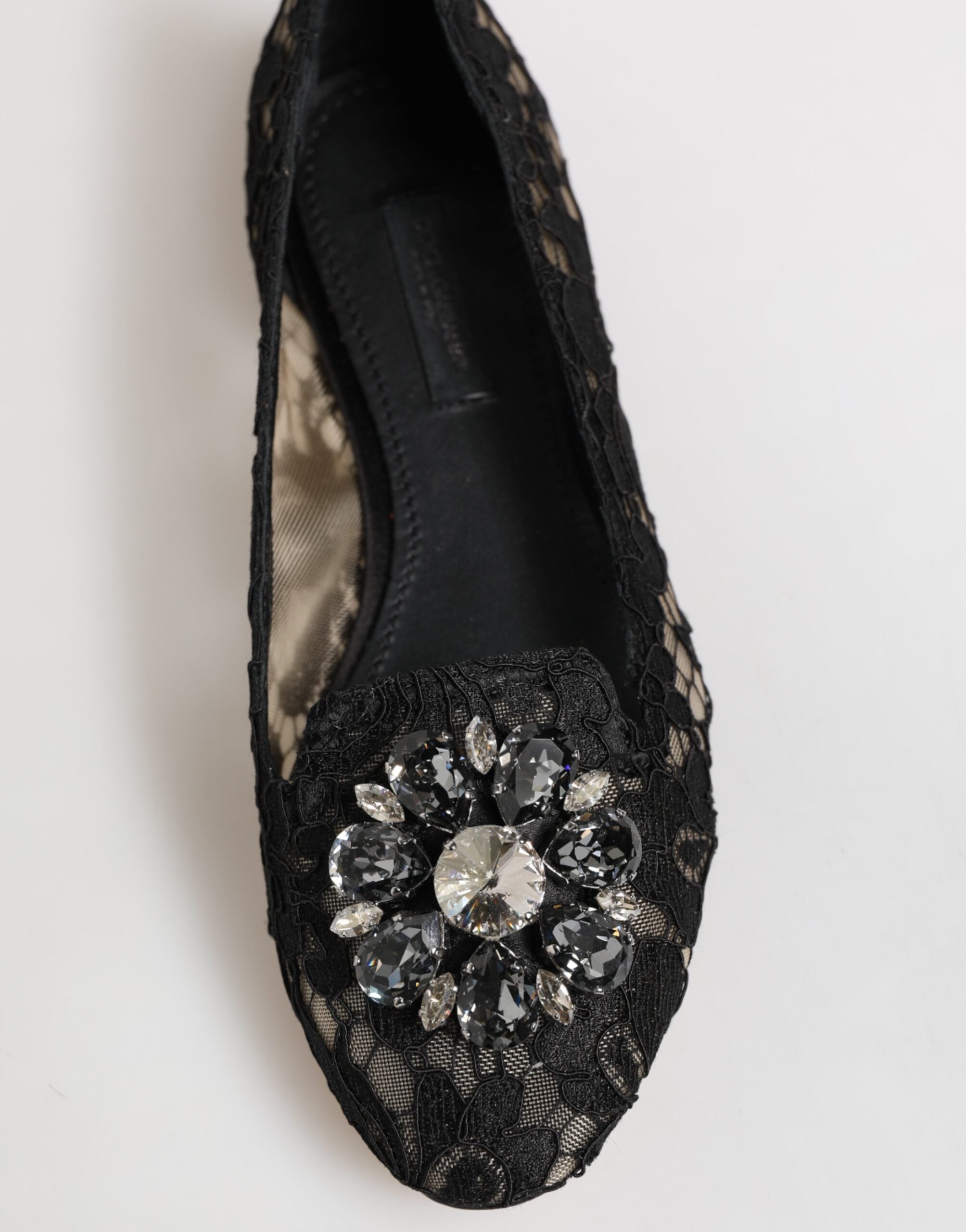 Dolce & Gabbana Black Taormina Lace Crystals Flats Women's Shoes