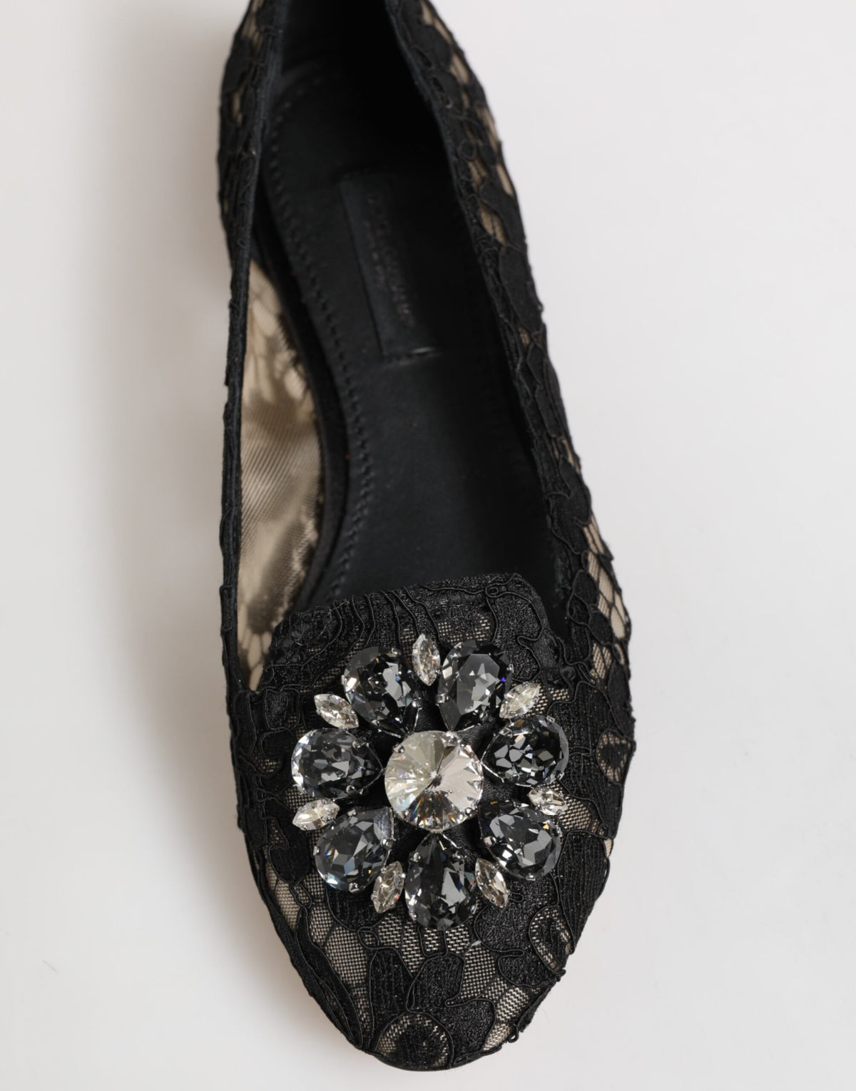 Dolce & Gabbana Black Taormina Lace Crystals Flats Women's Shoes