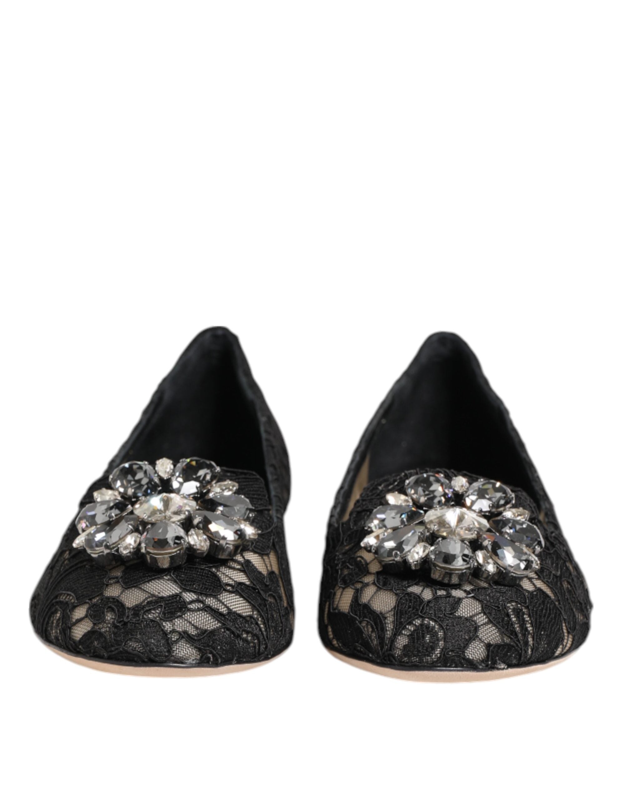 Dolce & Gabbana Black Taormina Lace Crystals Flats Women's Shoes