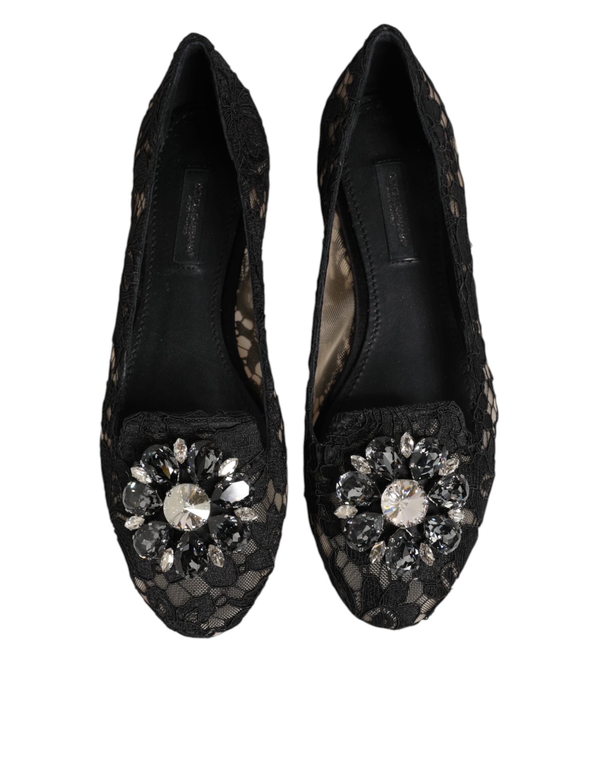 Dolce & Gabbana Black Taormina Lace Crystals Flats Women's Shoes
