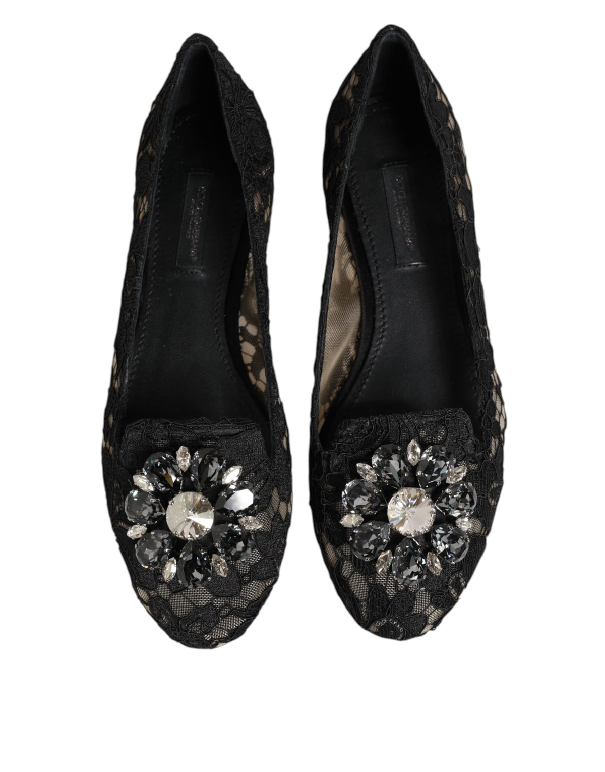 Dolce & Gabbana Black Taormina Lace Crystals Flats Women's Shoes