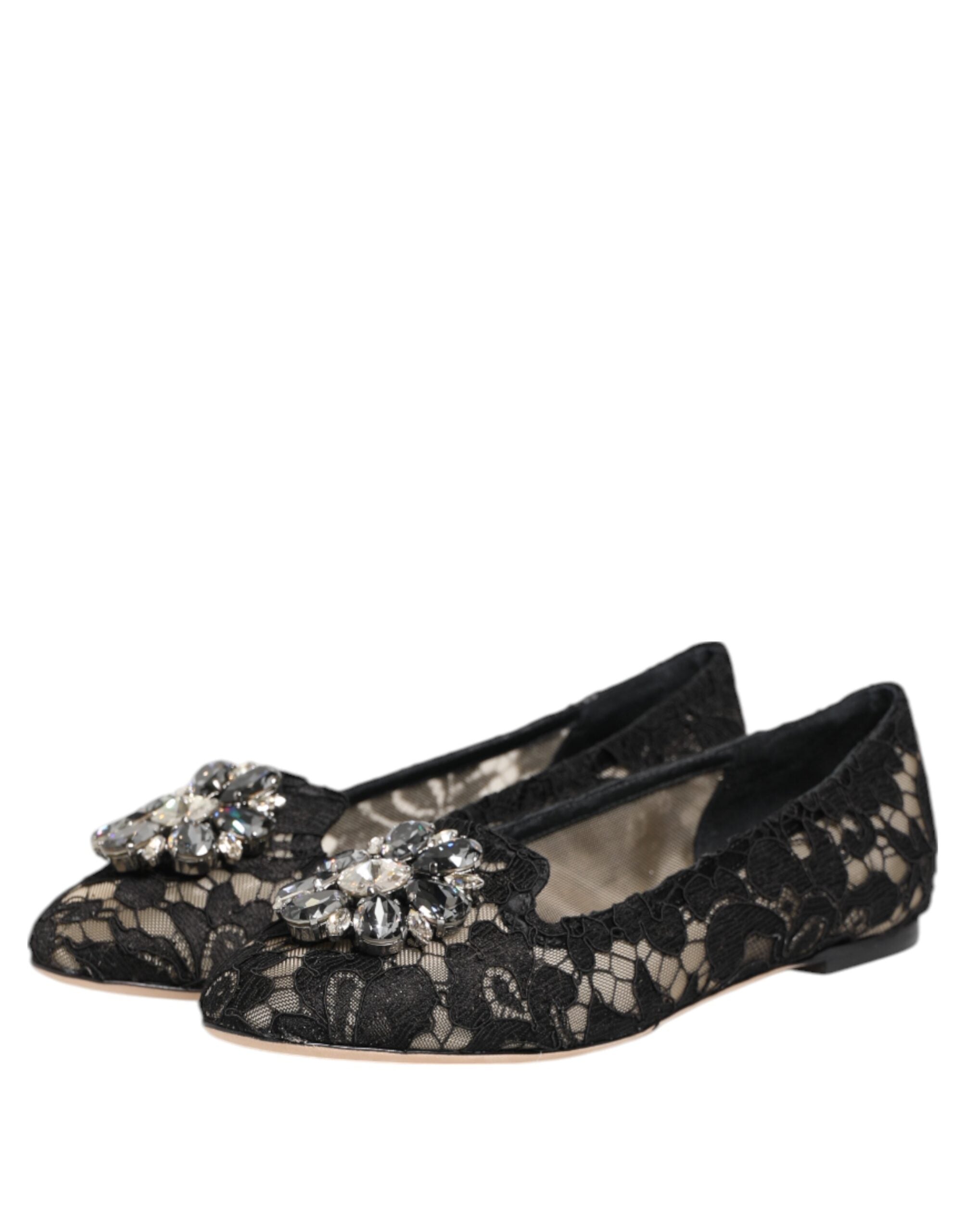 Dolce & Gabbana Black Taormina Lace Crystals Flats Women's Shoes