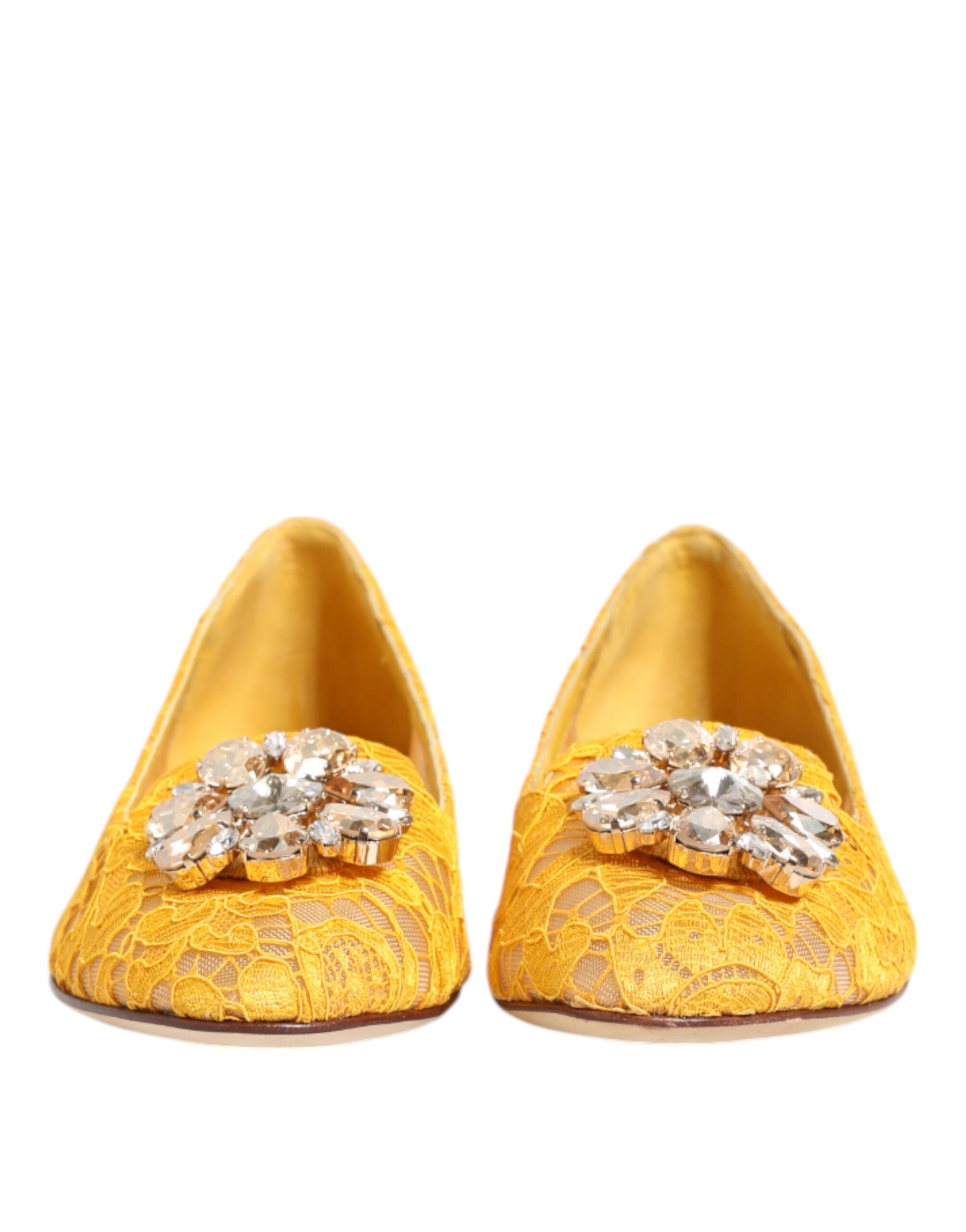 Dolce & Gabbana Yellow Taormina Lace Crystals Flats Women's Shoes