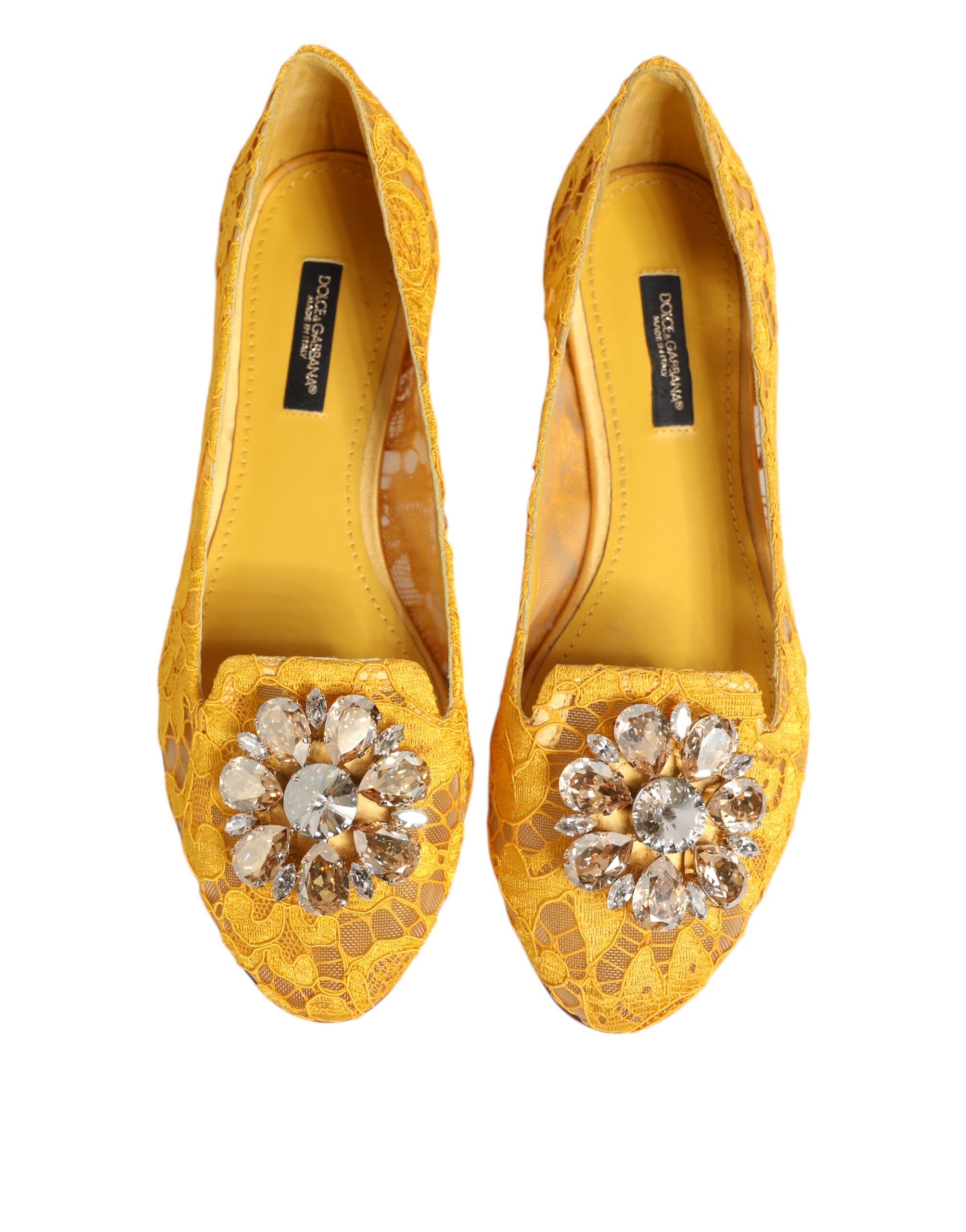 Dolce & Gabbana Yellow Taormina Lace Crystals Flats Women's Shoes