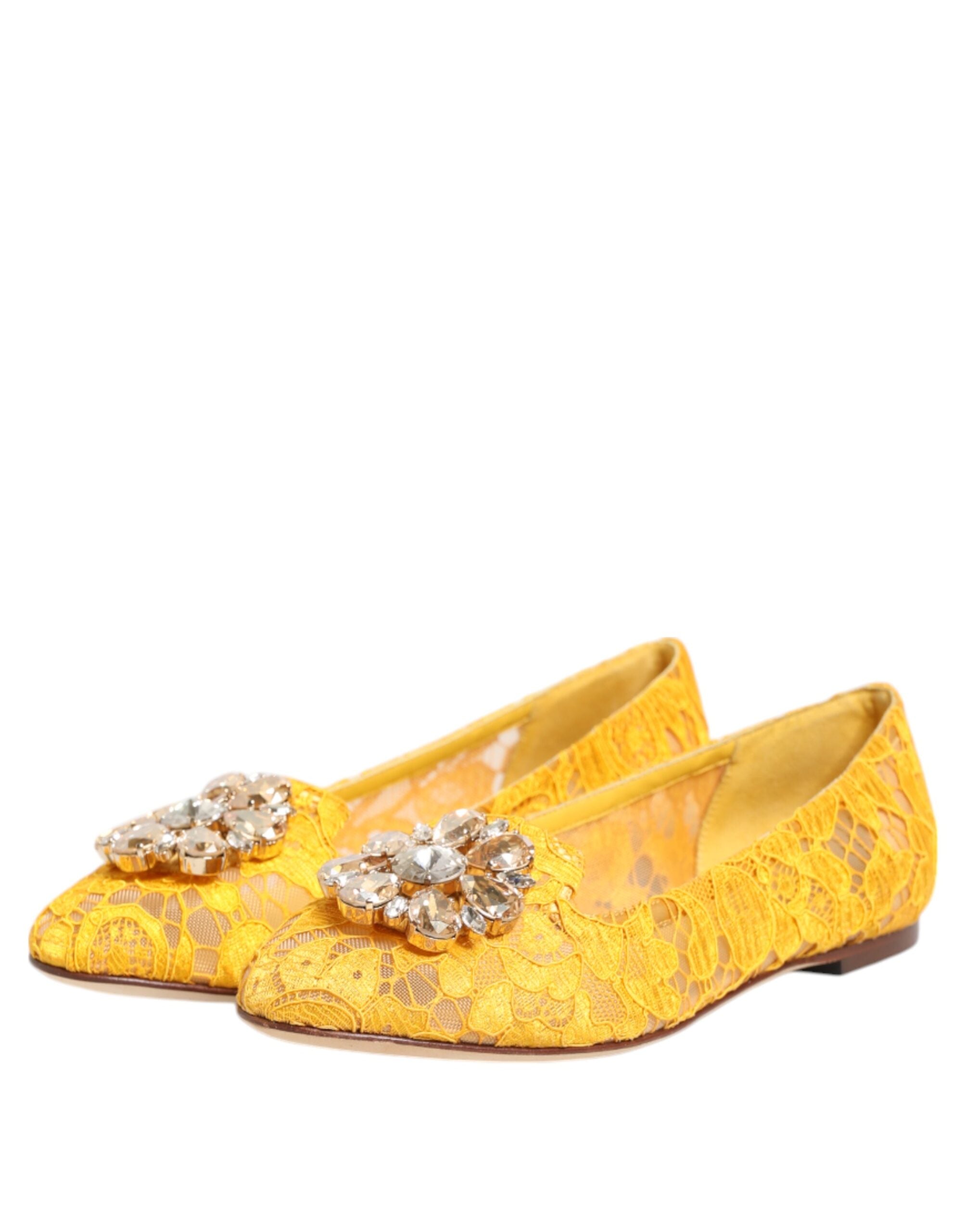 Dolce & Gabbana Yellow Taormina Lace Crystals Flats Women's Shoes