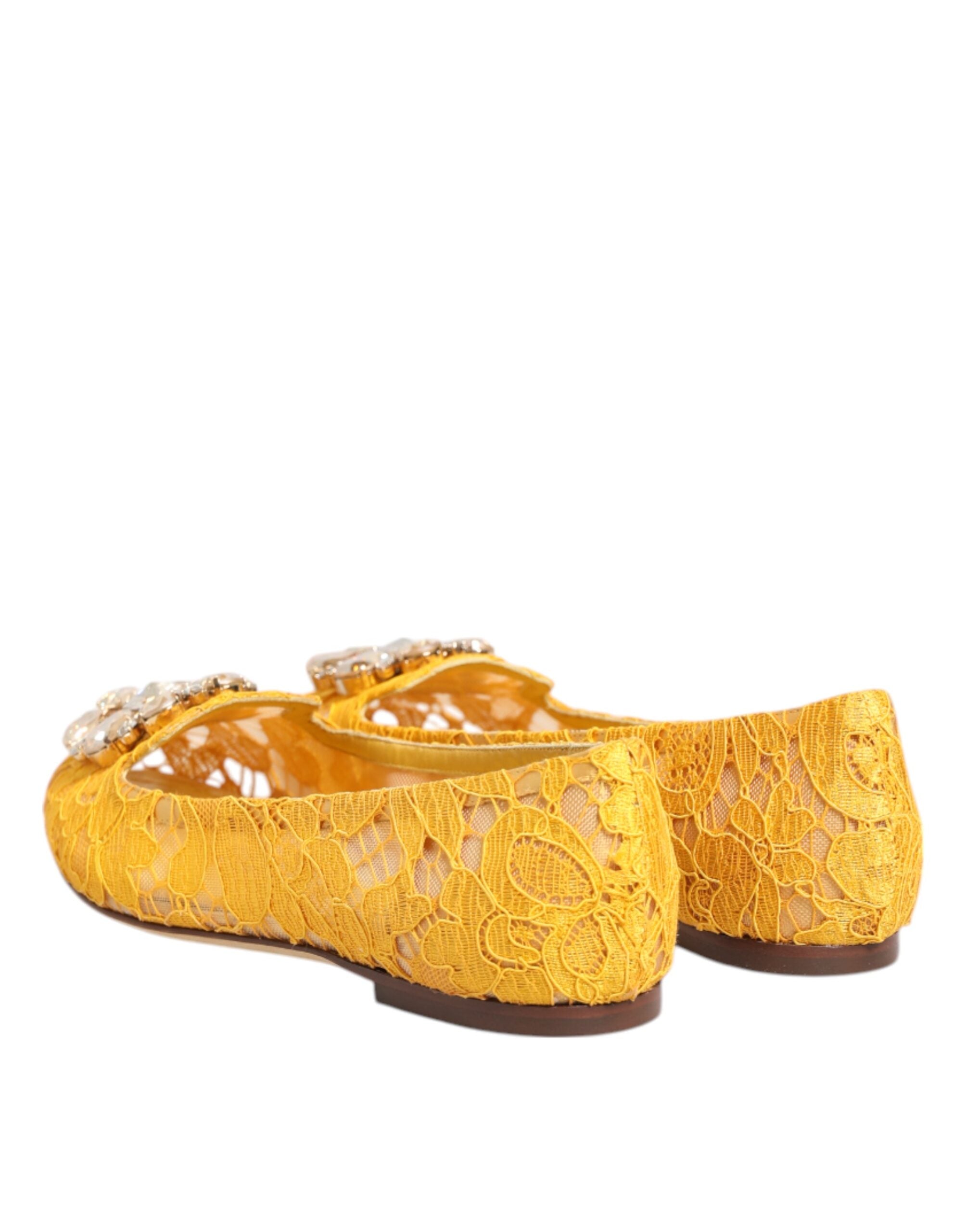 Dolce & Gabbana Yellow Taormina Lace Crystals Flats Women's Shoes