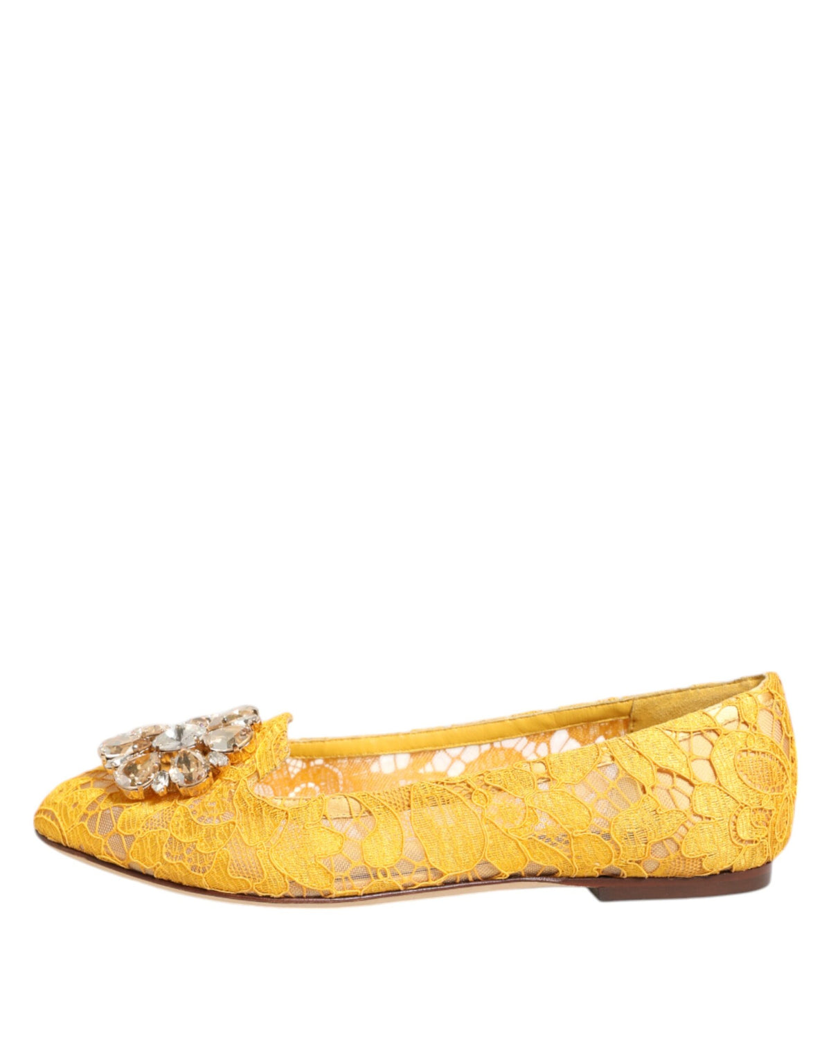 Dolce & Gabbana Yellow Taormina Lace Crystals Flats Women's Shoes