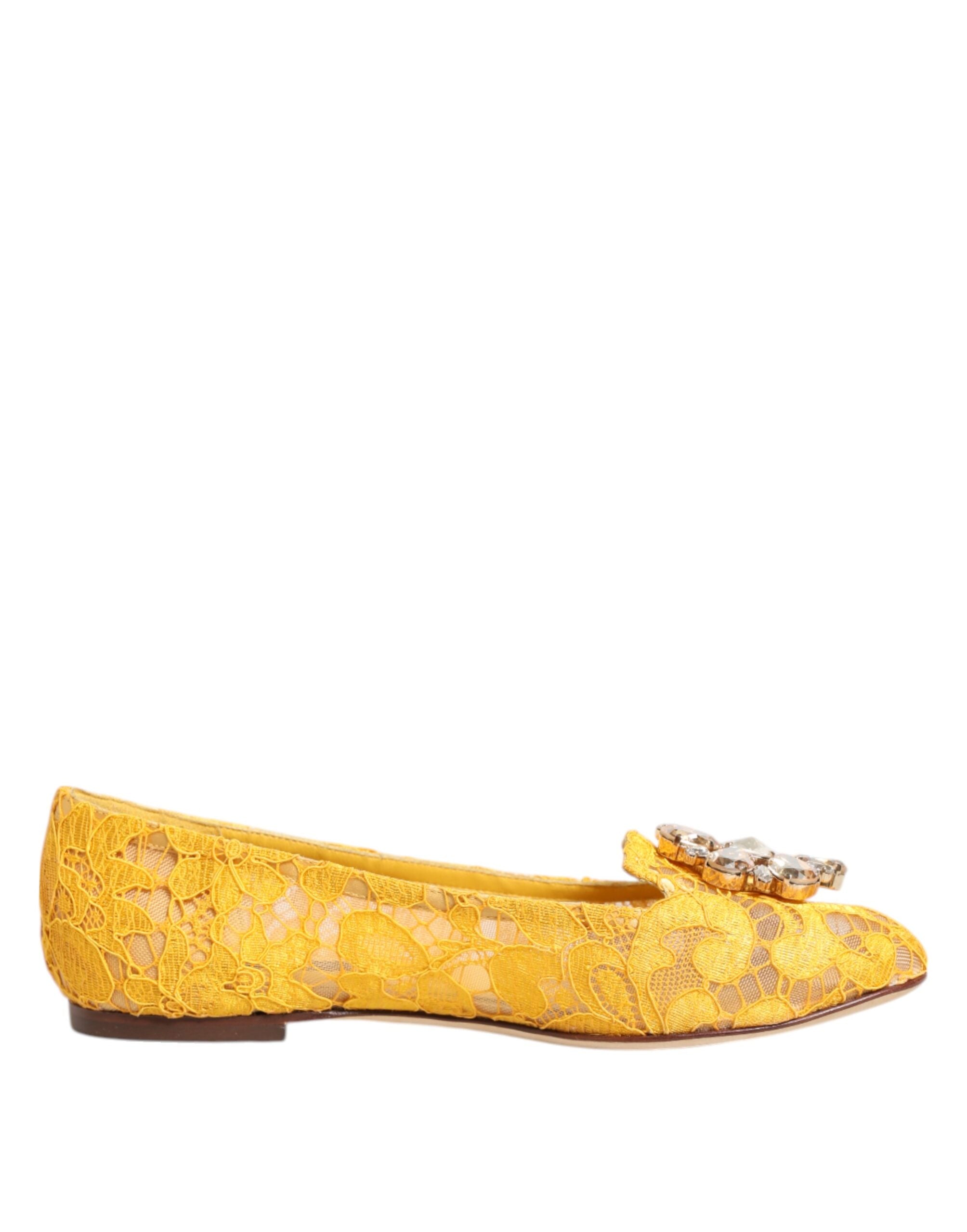 Dolce & Gabbana Yellow Taormina Lace Crystals Flats Women's Shoes