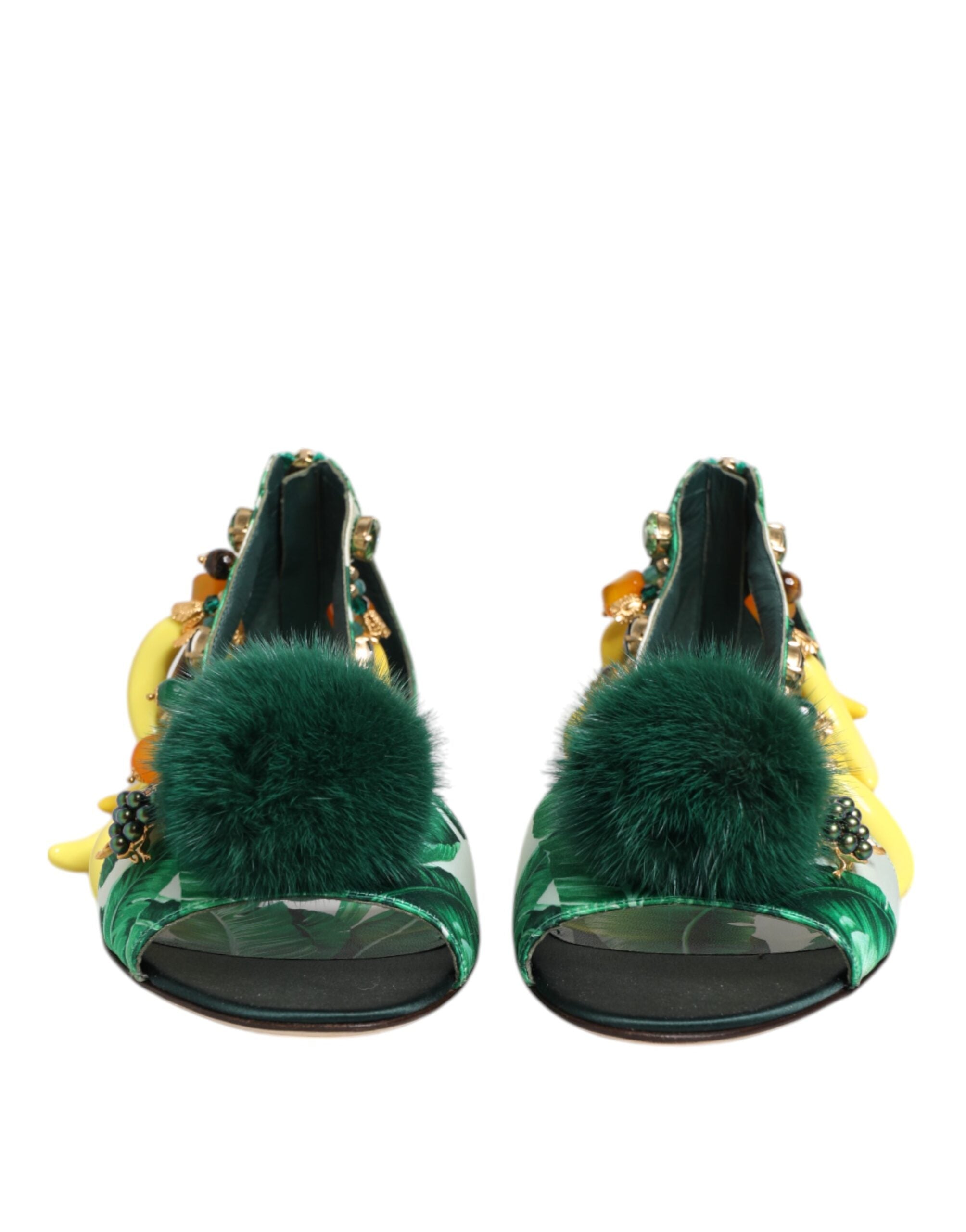Dolce & Gabbana Green Mink Fur Satin Banana Leaf Sandals Women's Shoes