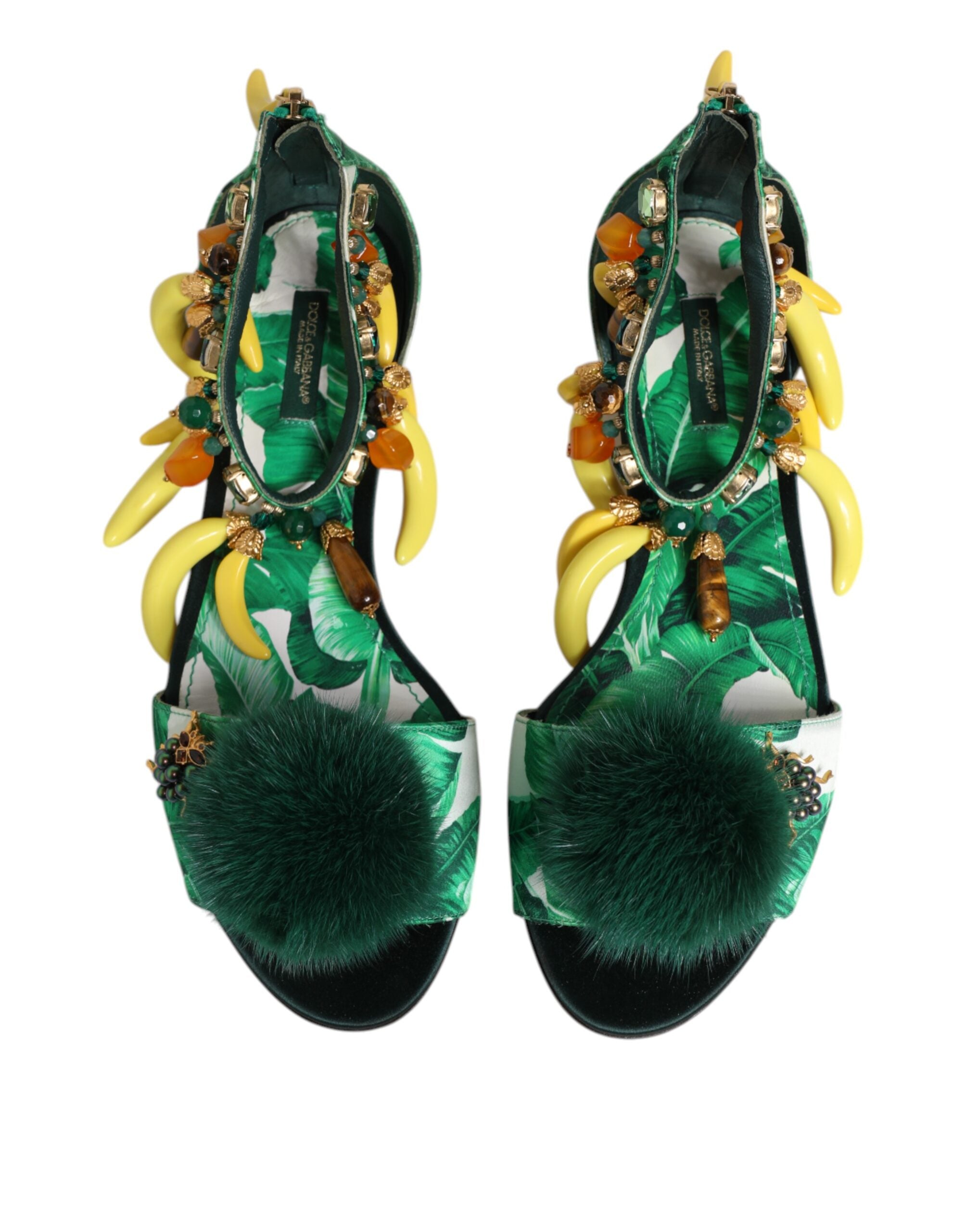 Dolce & Gabbana Green Mink Fur Satin Banana Leaf Sandals Women's Shoes