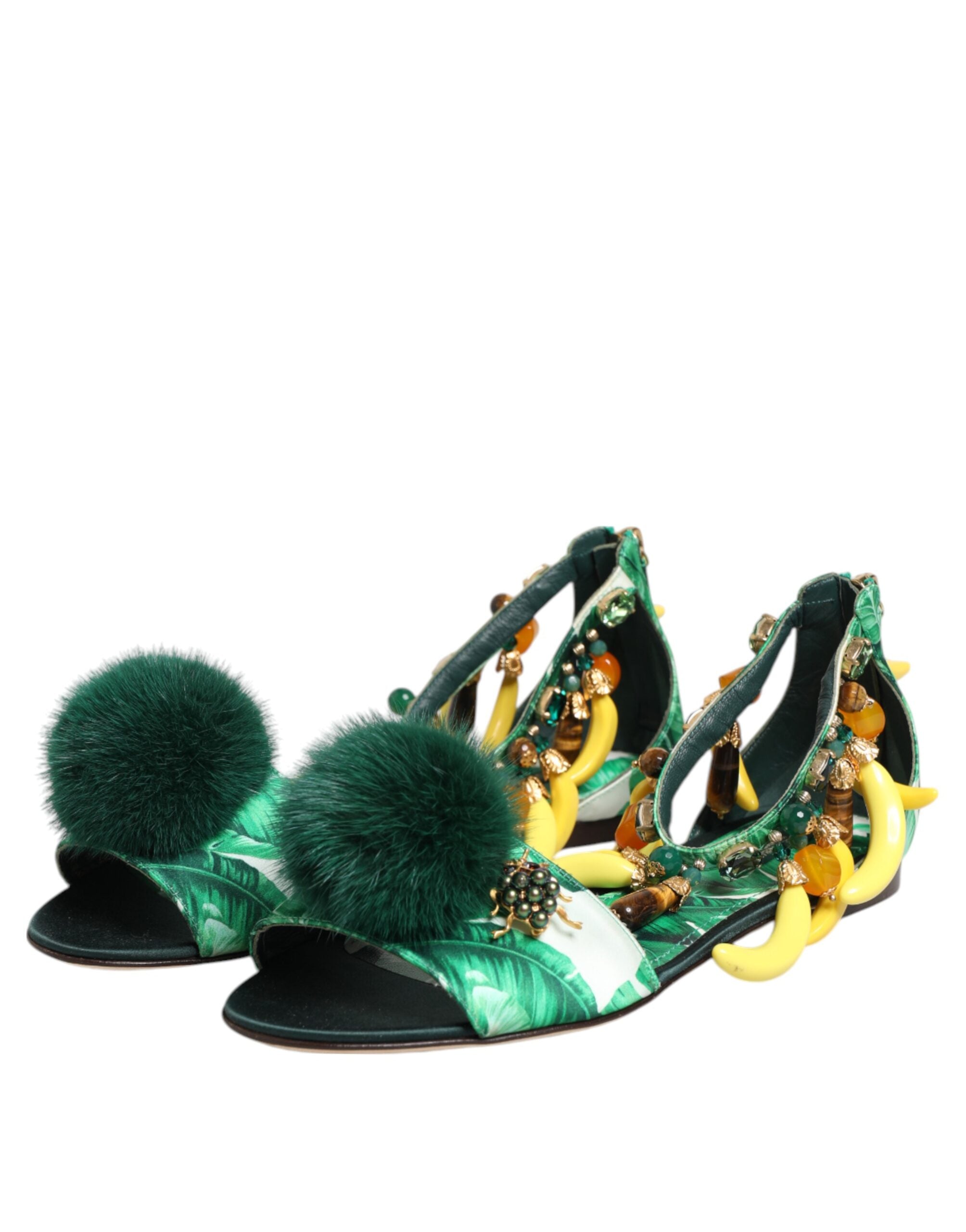 Dolce & Gabbana Green Mink Fur Satin Banana Leaf Sandals Women's Shoes