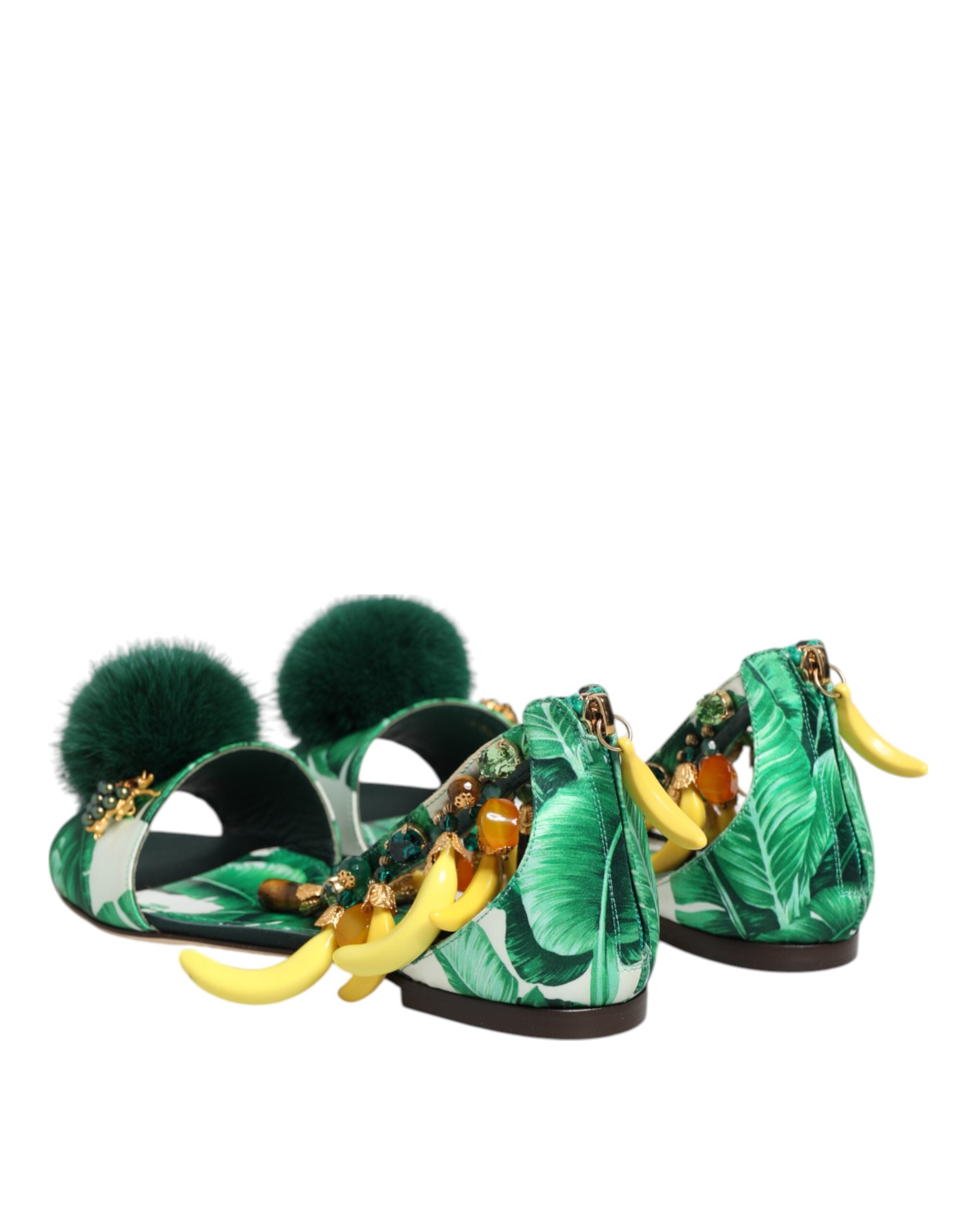Dolce & Gabbana Green Mink Fur Satin Banana Leaf Sandals Women's Shoes