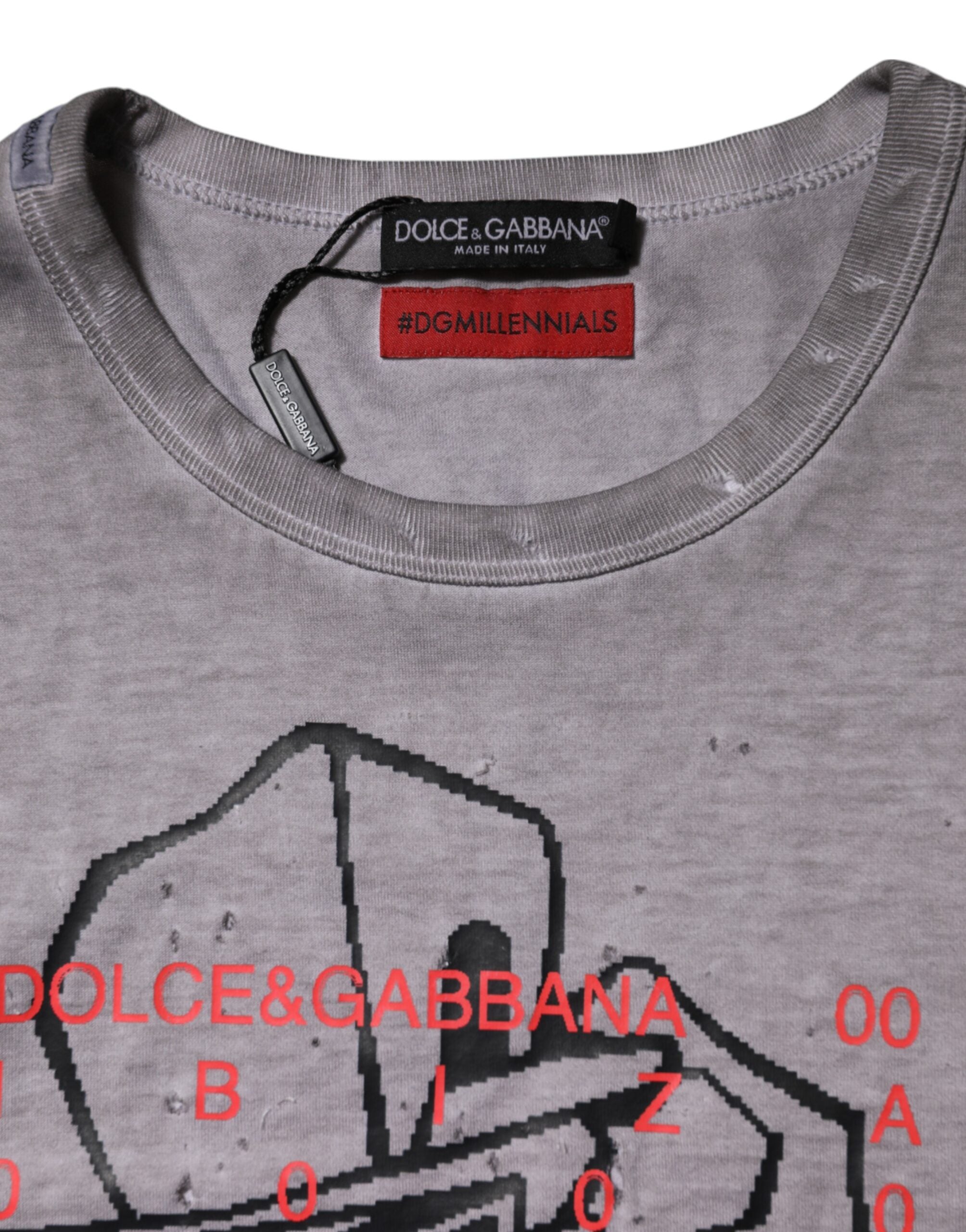 Dolce & Gabbana Gray Graphic Print Cotton Crew Neck Men's T-shirt