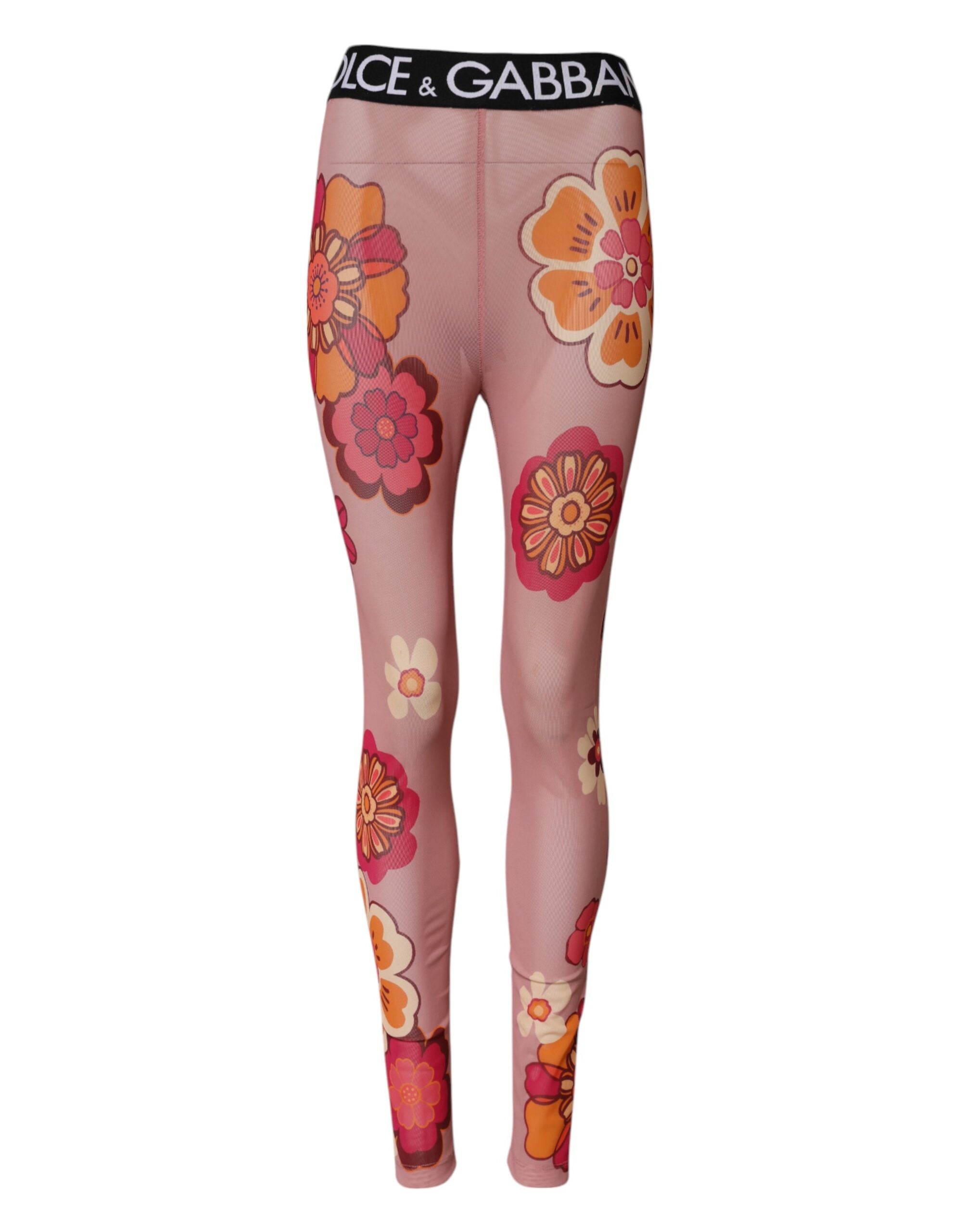 Dolce & Gabbana Pink Floral Leggings Stretch Waist Women's Pants (Pre-Owned)