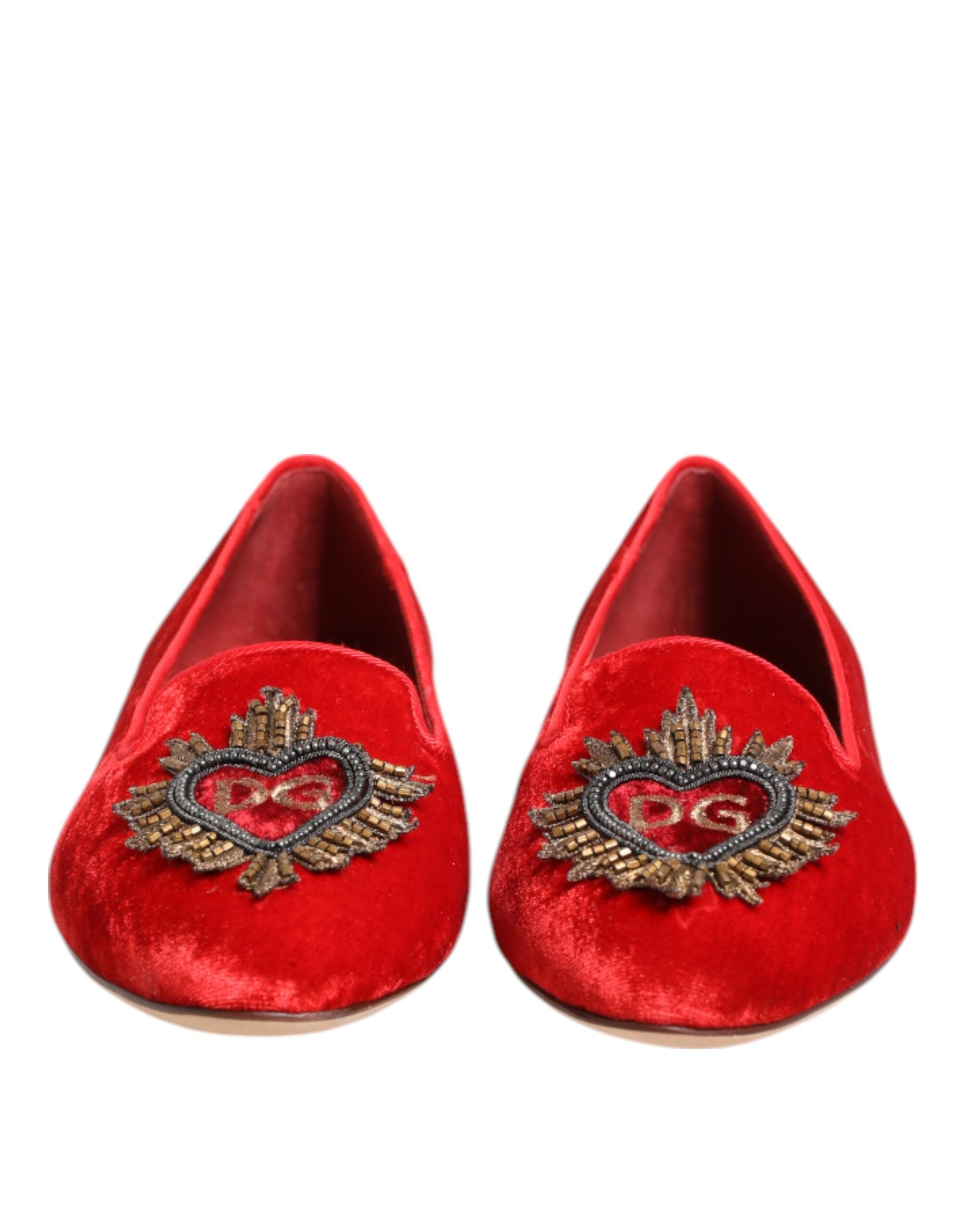 Dolce & Gabbana Red Velvet DG Heart Loafers Flats Women's Shoes