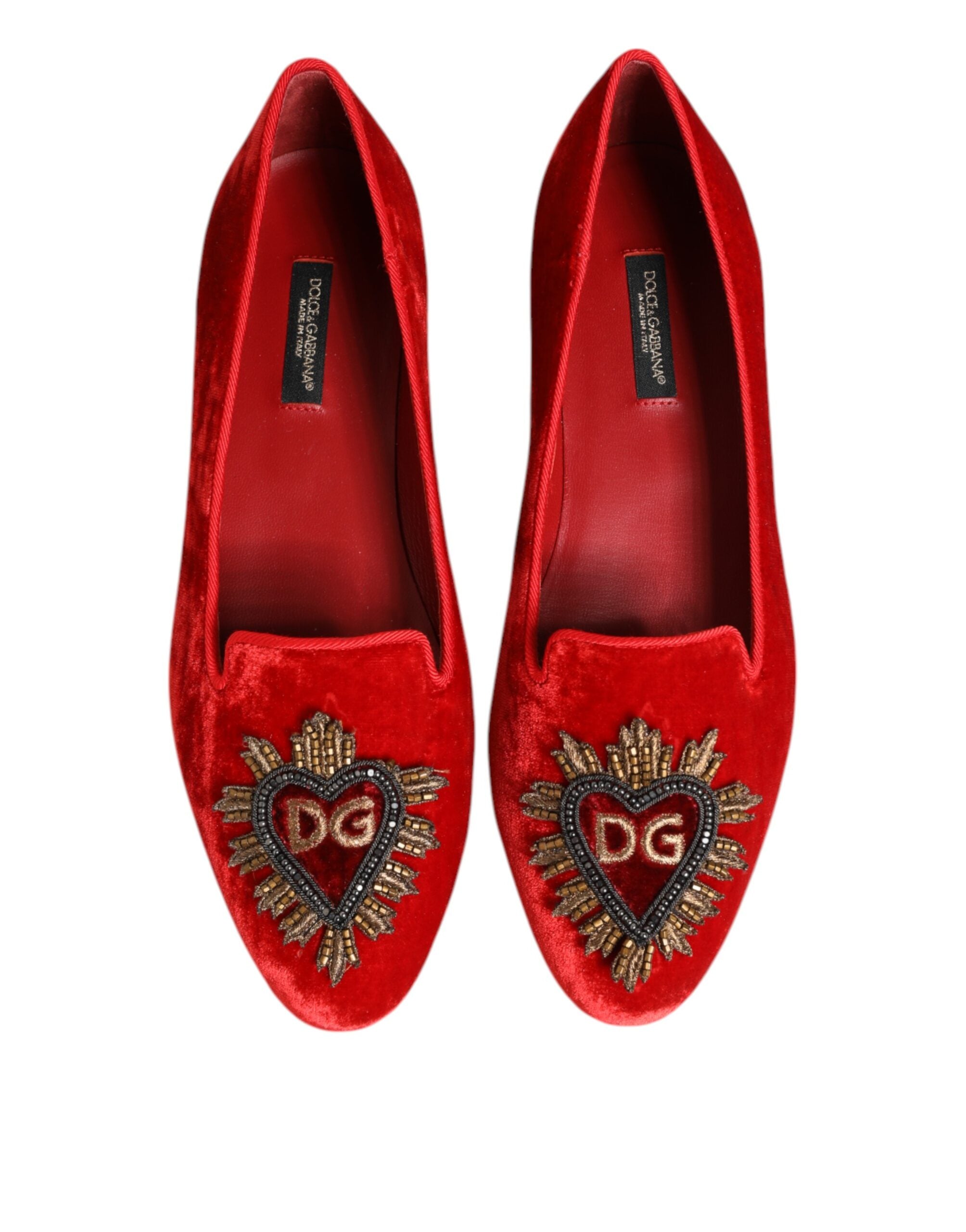 Dolce & Gabbana Red Velvet DG Heart Loafers Flats Women's Shoes