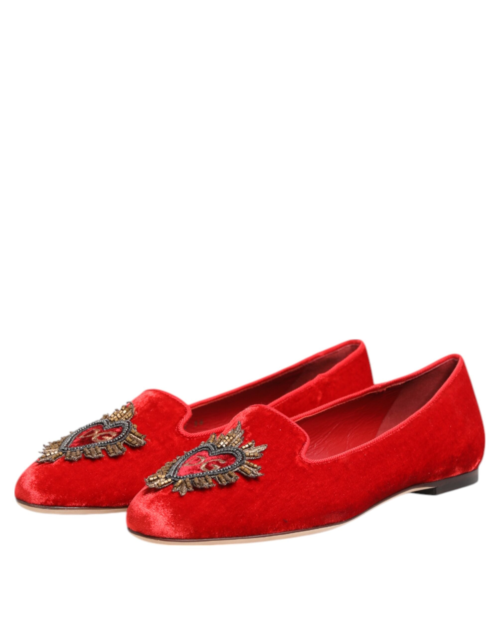 Dolce & Gabbana Red Velvet DG Heart Loafers Flats Women's Shoes