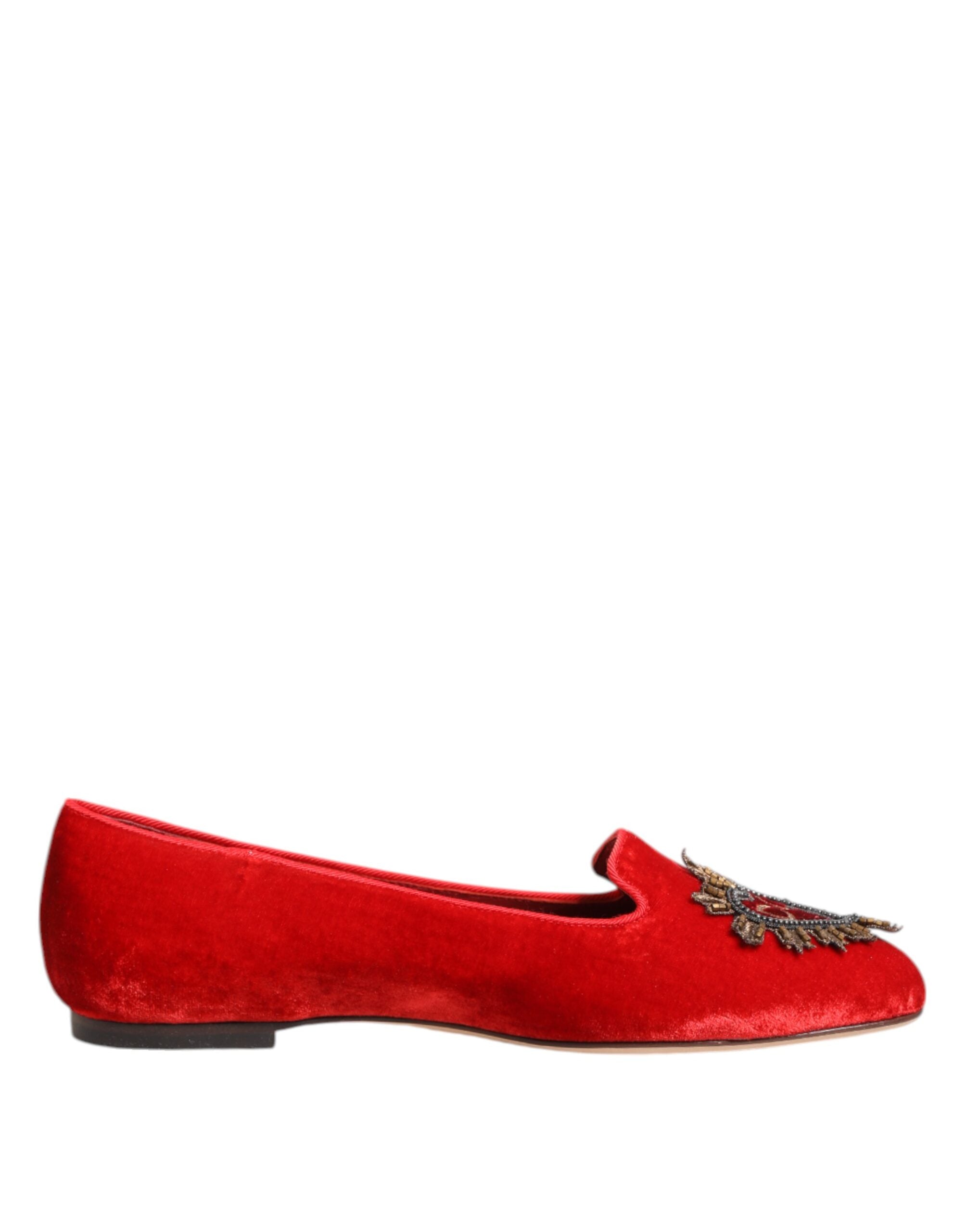 Dolce & Gabbana Red Velvet DG Heart Loafers Flats Women's Shoes