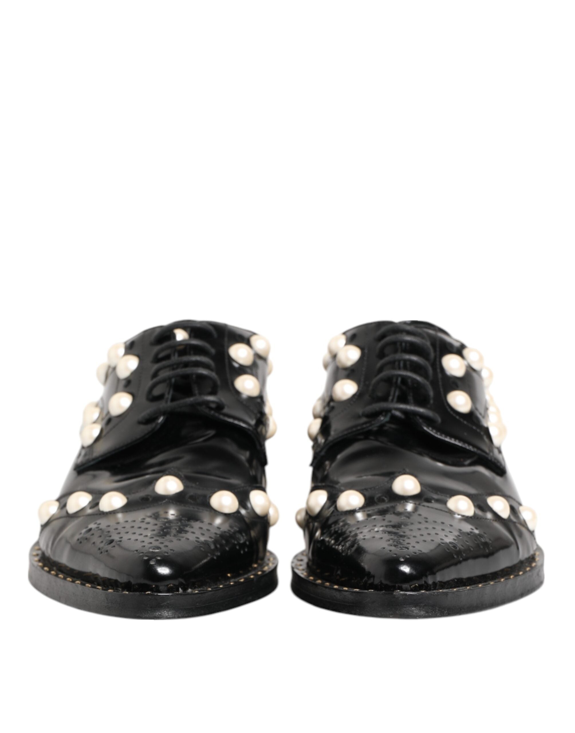Dolce & Gabbana Black Leather Faux Pearl Dress Broque Women's Shoes (Pre-Owned)