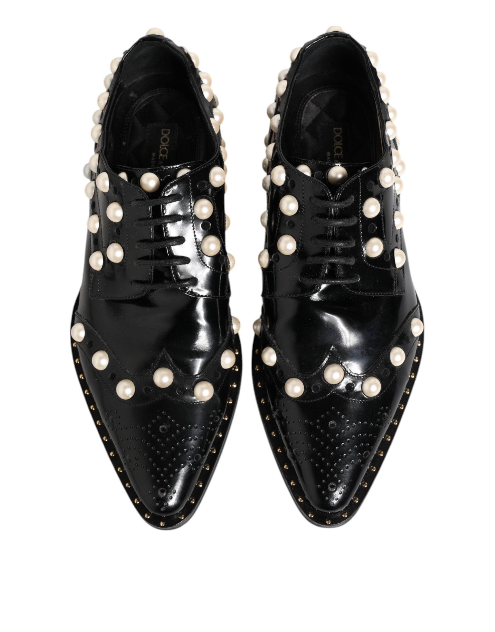 Dolce & Gabbana Black Leather Faux Pearl Dress Broque Women's Shoes (Pre-Owned)