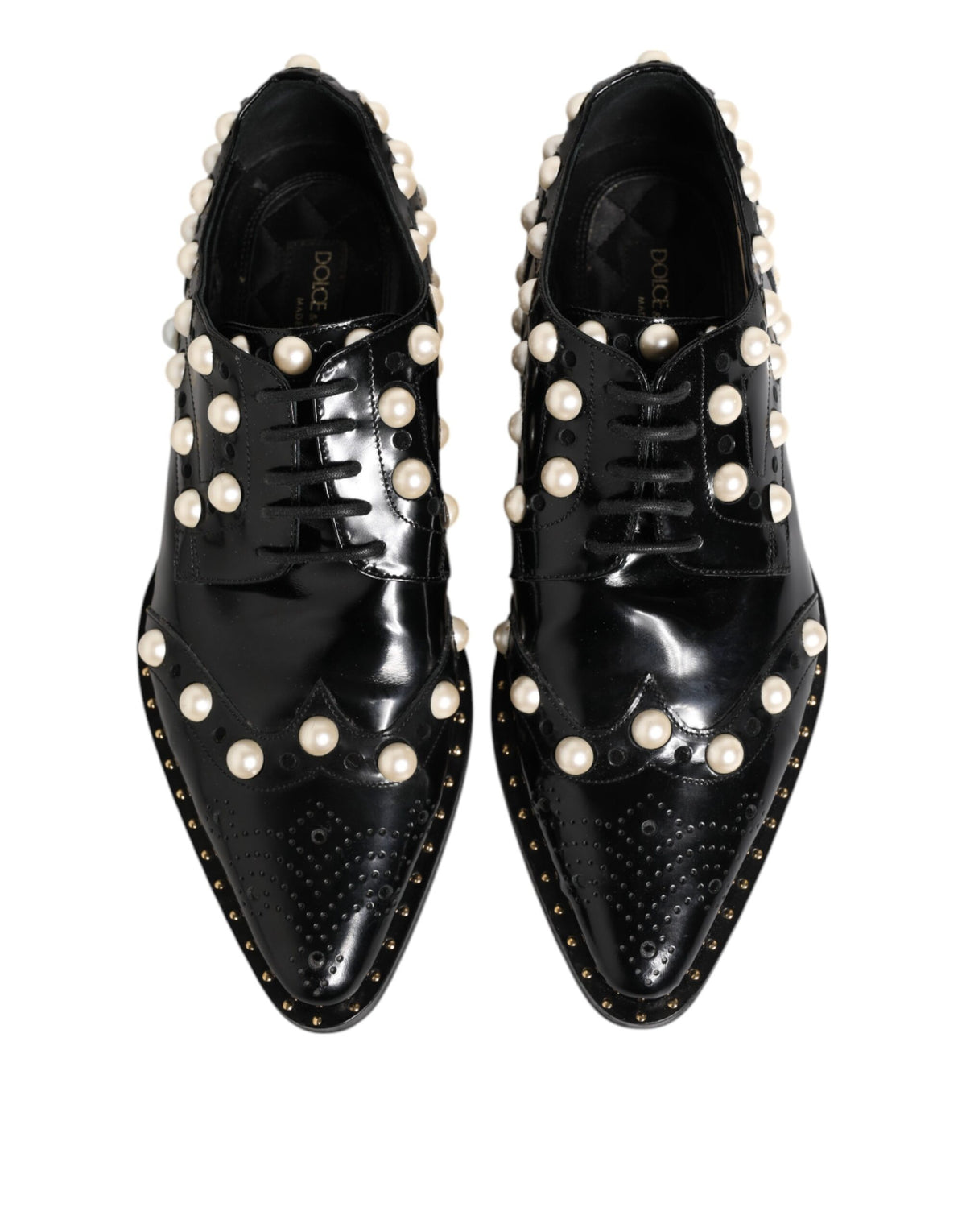 Dolce & Gabbana Black Leather Faux Pearl Dress Broque Women's Shoes (Pre-Owned)