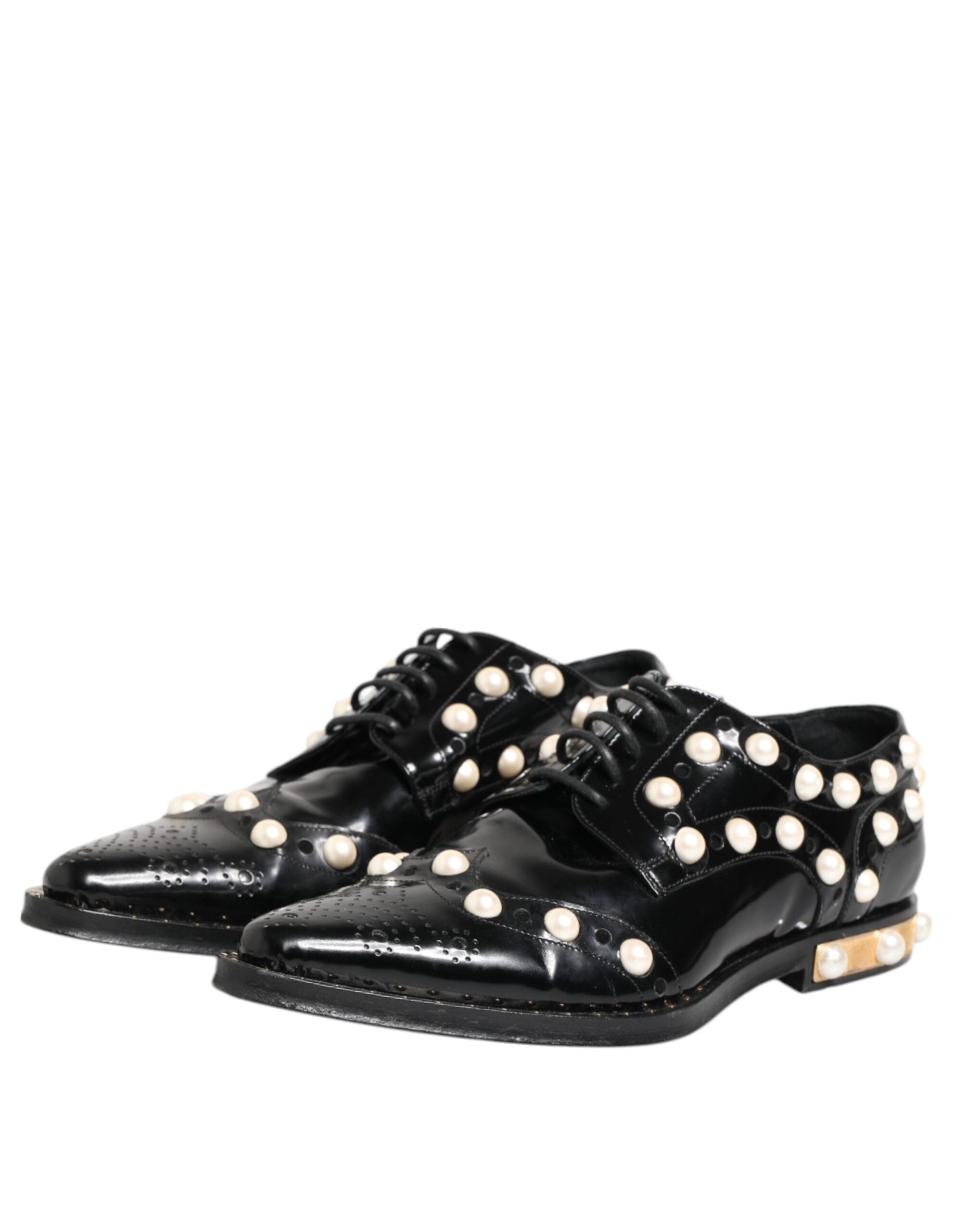 Dolce & Gabbana Black Leather Faux Pearl Dress Broque Women's Shoes (Pre-Owned)