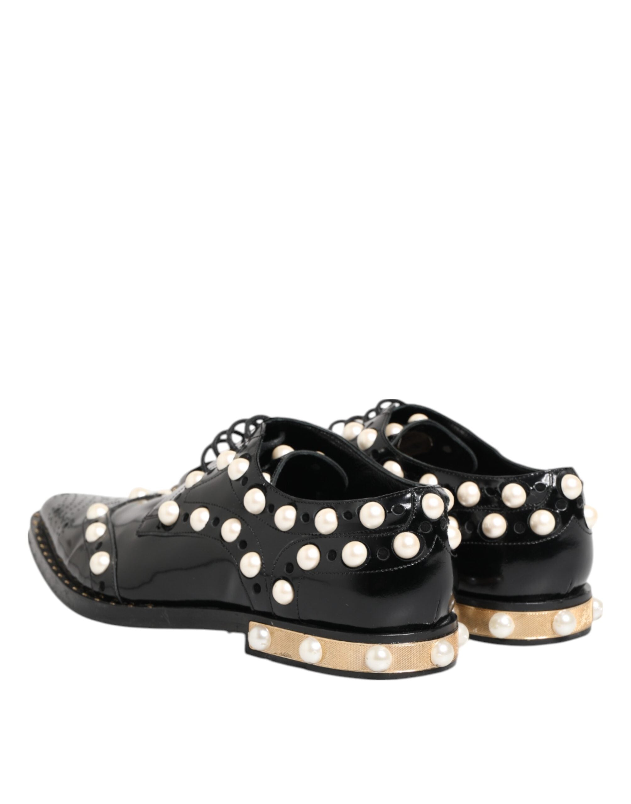 Dolce & Gabbana Black Leather Faux Pearl Dress Broque Women's Shoes (Pre-Owned)