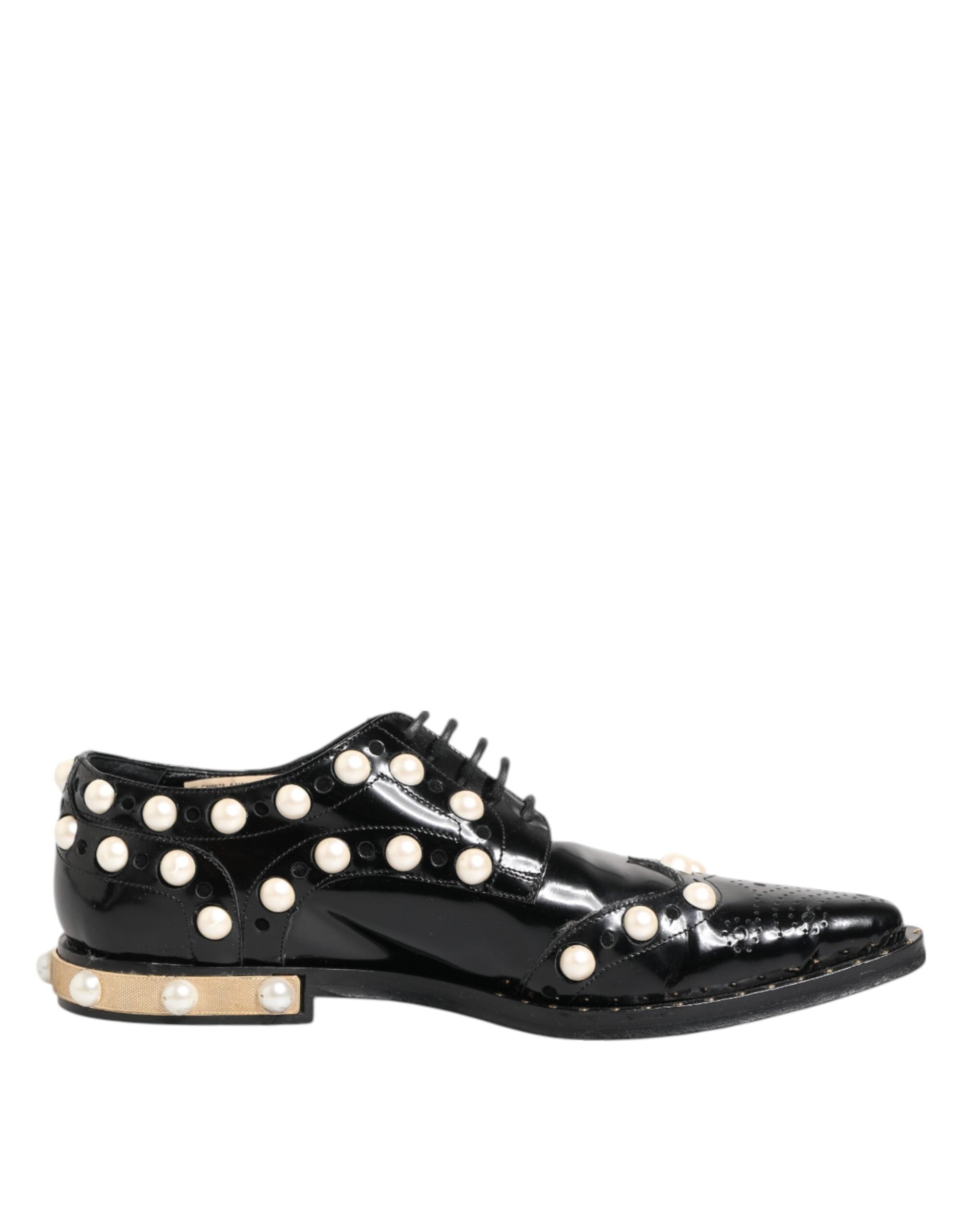 Dolce & Gabbana Black Leather Faux Pearl Dress Broque Women's Shoes (Pre-Owned)
