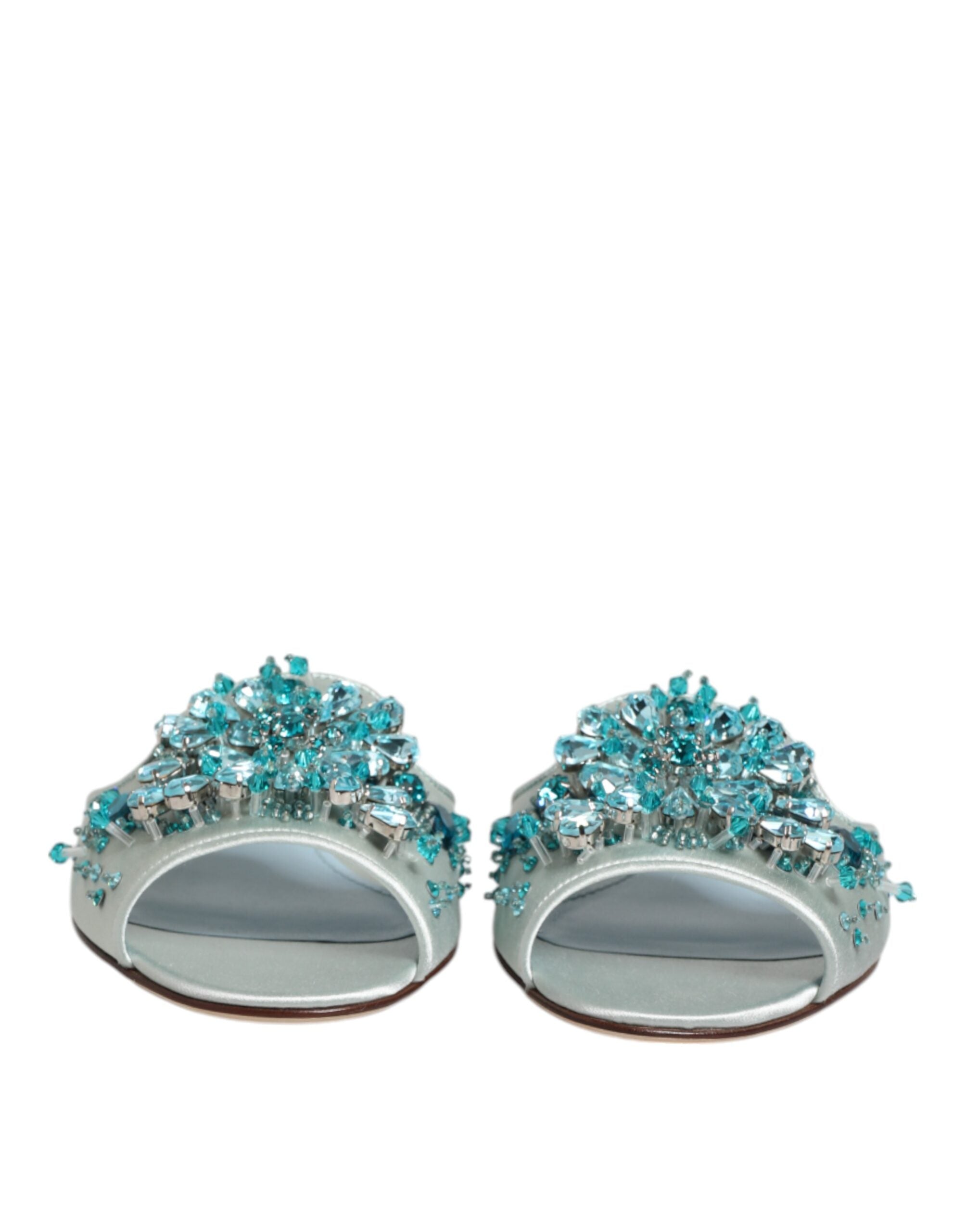 Dolce & Gabbana Silver Blue Leather Bead Embellish Slide Women's Shoes