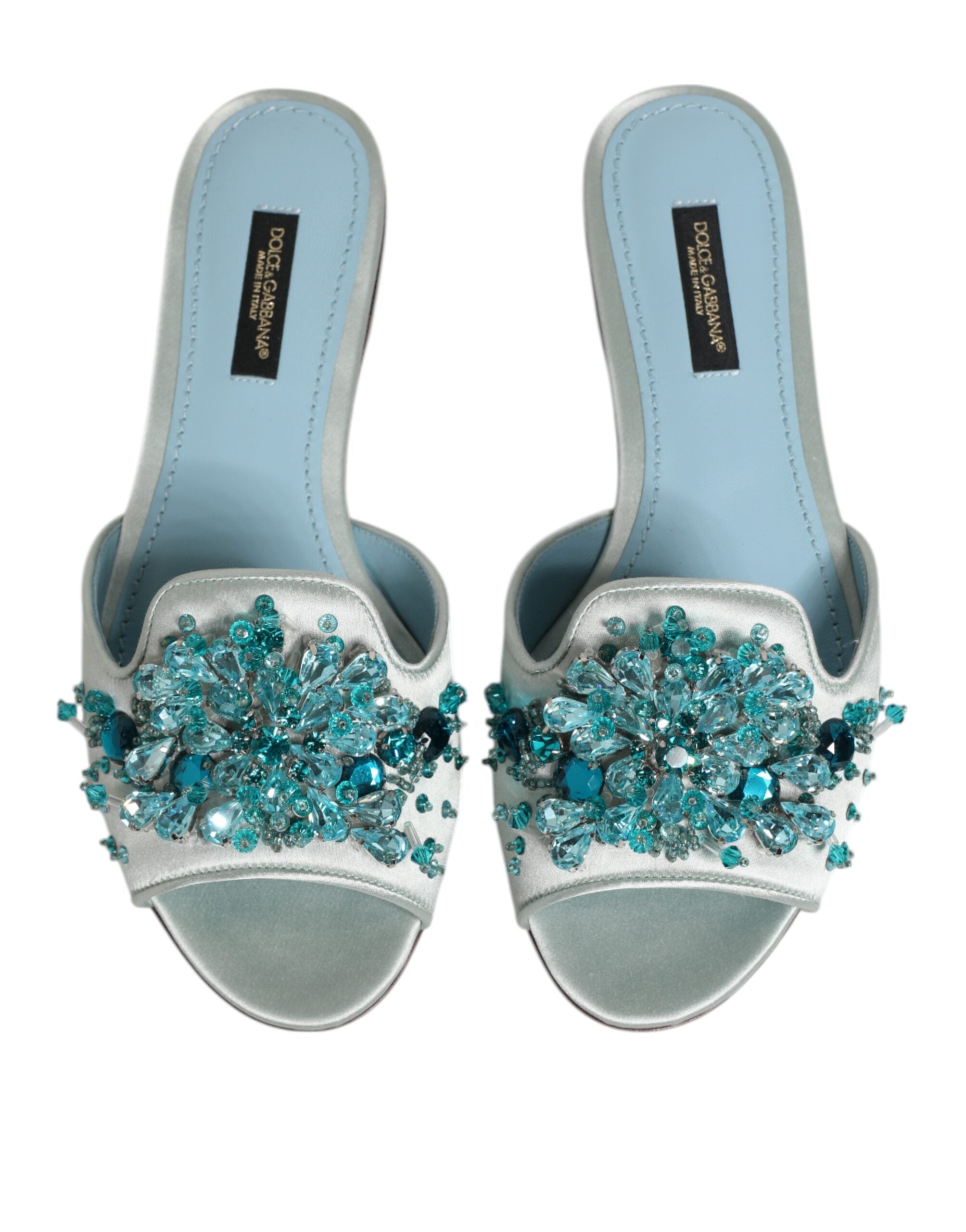 Dolce & Gabbana Silver Blue Leather Bead Embellish Slide Women's Shoes