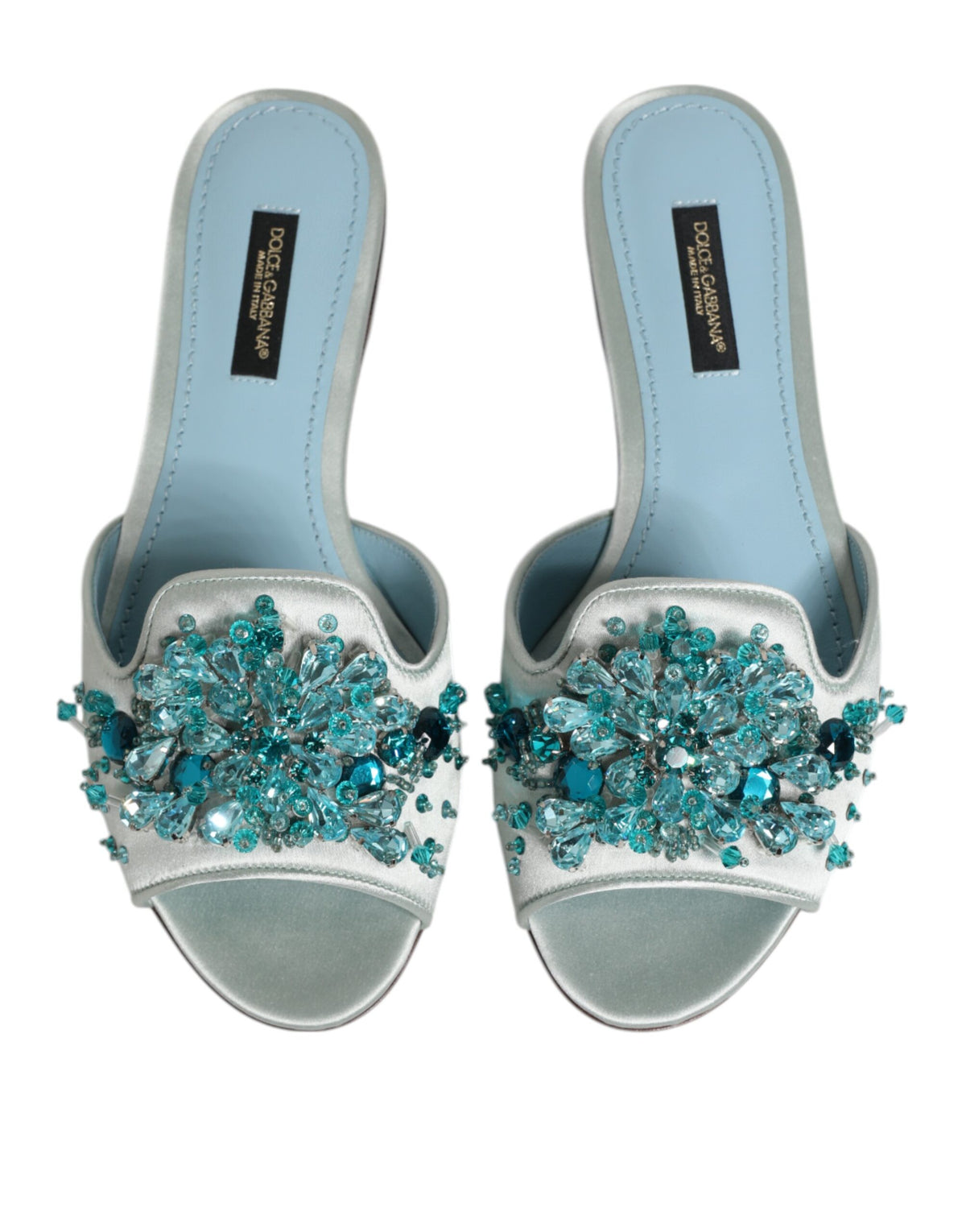 Dolce & Gabbana Silver Blue Leather Bead Embellish Slide Women's Shoes