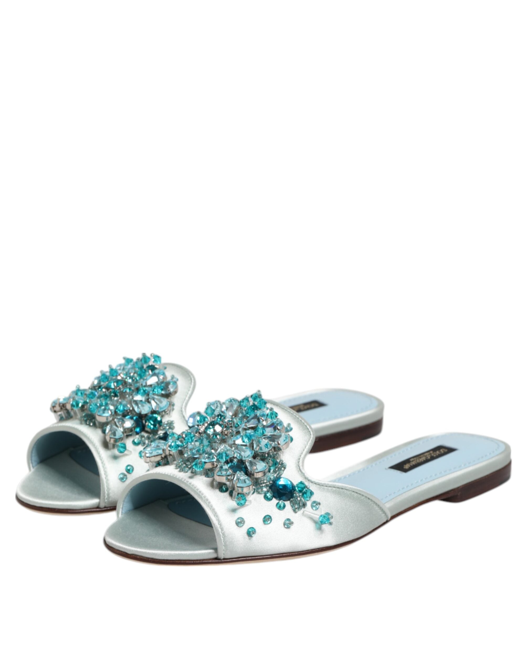 Dolce & Gabbana Silver Blue Leather Bead Embellish Slide Women's Shoes