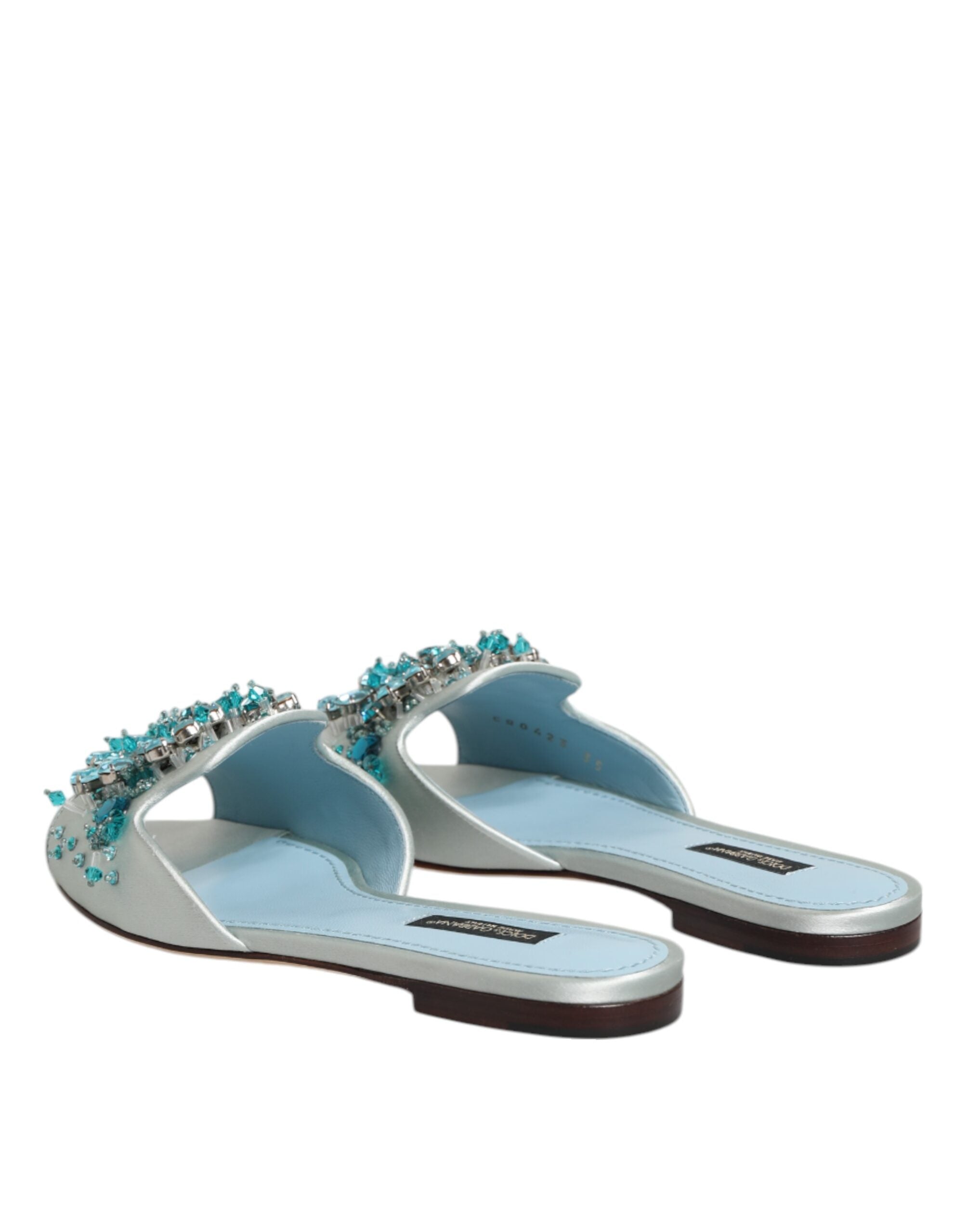 Dolce & Gabbana Silver Blue Leather Bead Embellish Slide Women's Shoes