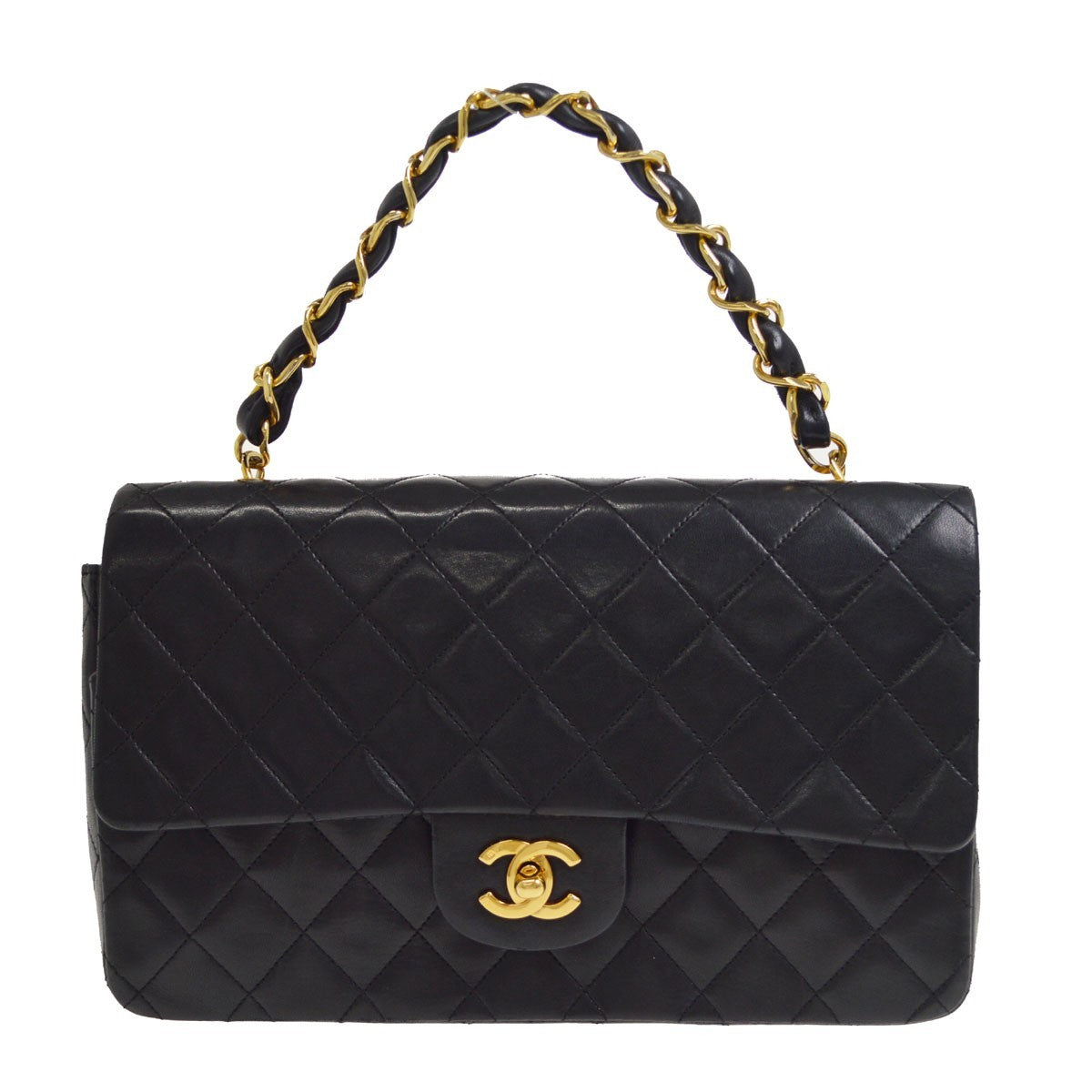 Chanel Vintage Classic Single Flap Quilted Lambskin Black Leather Handbag (Pre-Owned)