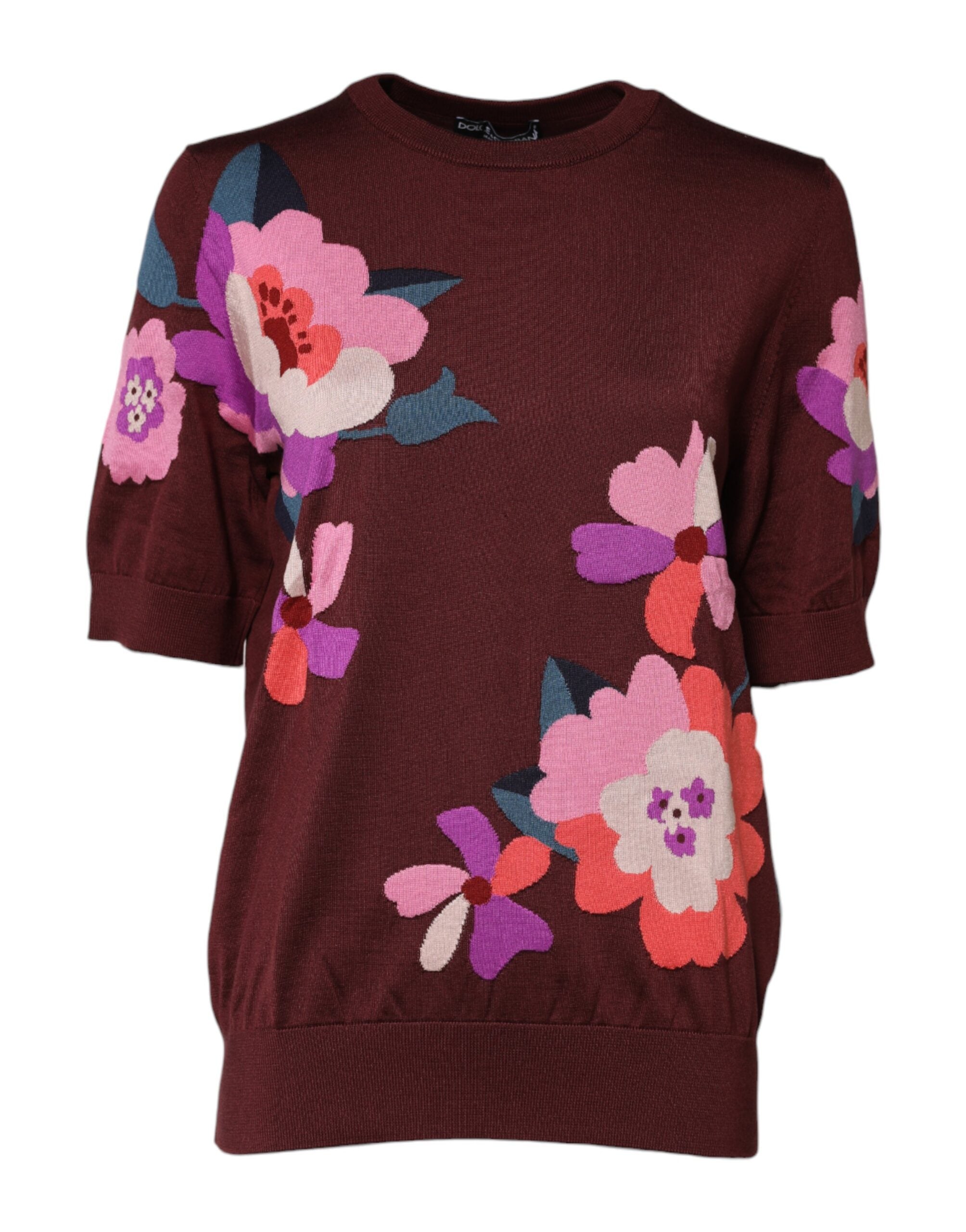 Dolce & Gabbana Maroon Floral Silk Crew Neck Blouse Women's Top (Pre-Owned)