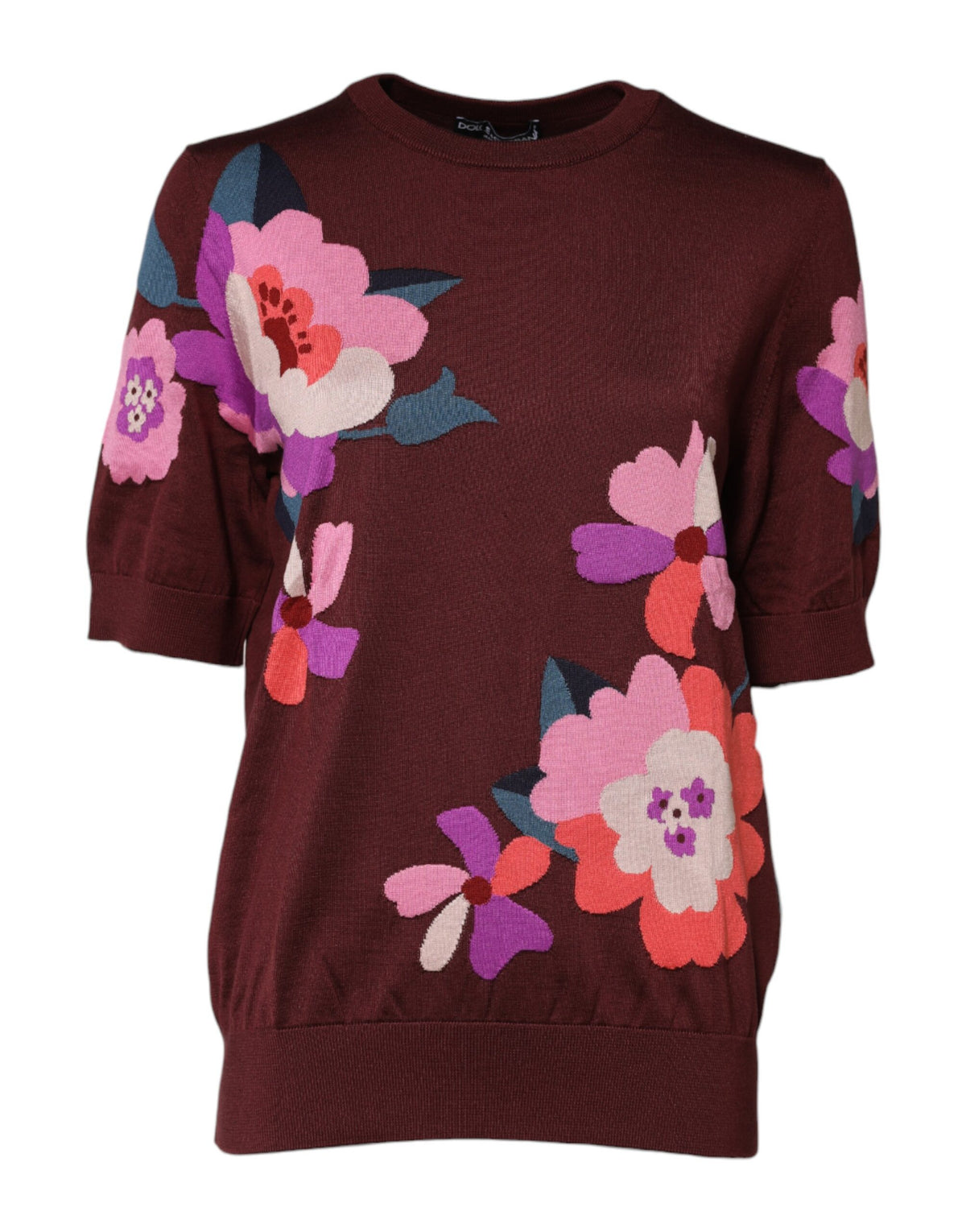 Dolce & Gabbana Maroon Floral Silk Crew Neck Blouse Women's Top (Pre-Owned)