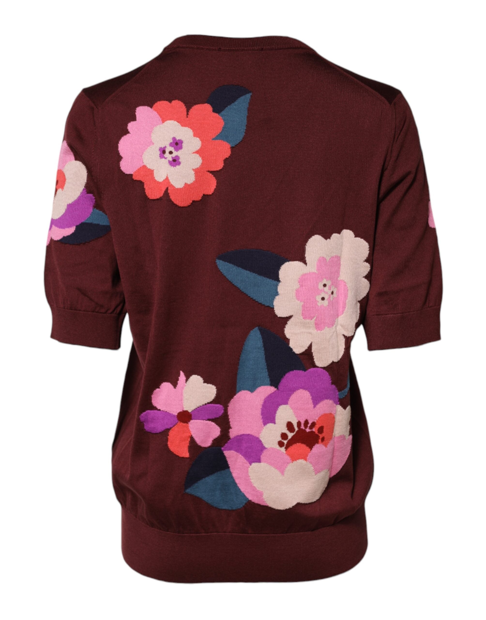 Dolce & Gabbana Maroon Floral Silk Crew Neck Blouse Women's Top (Pre-Owned)