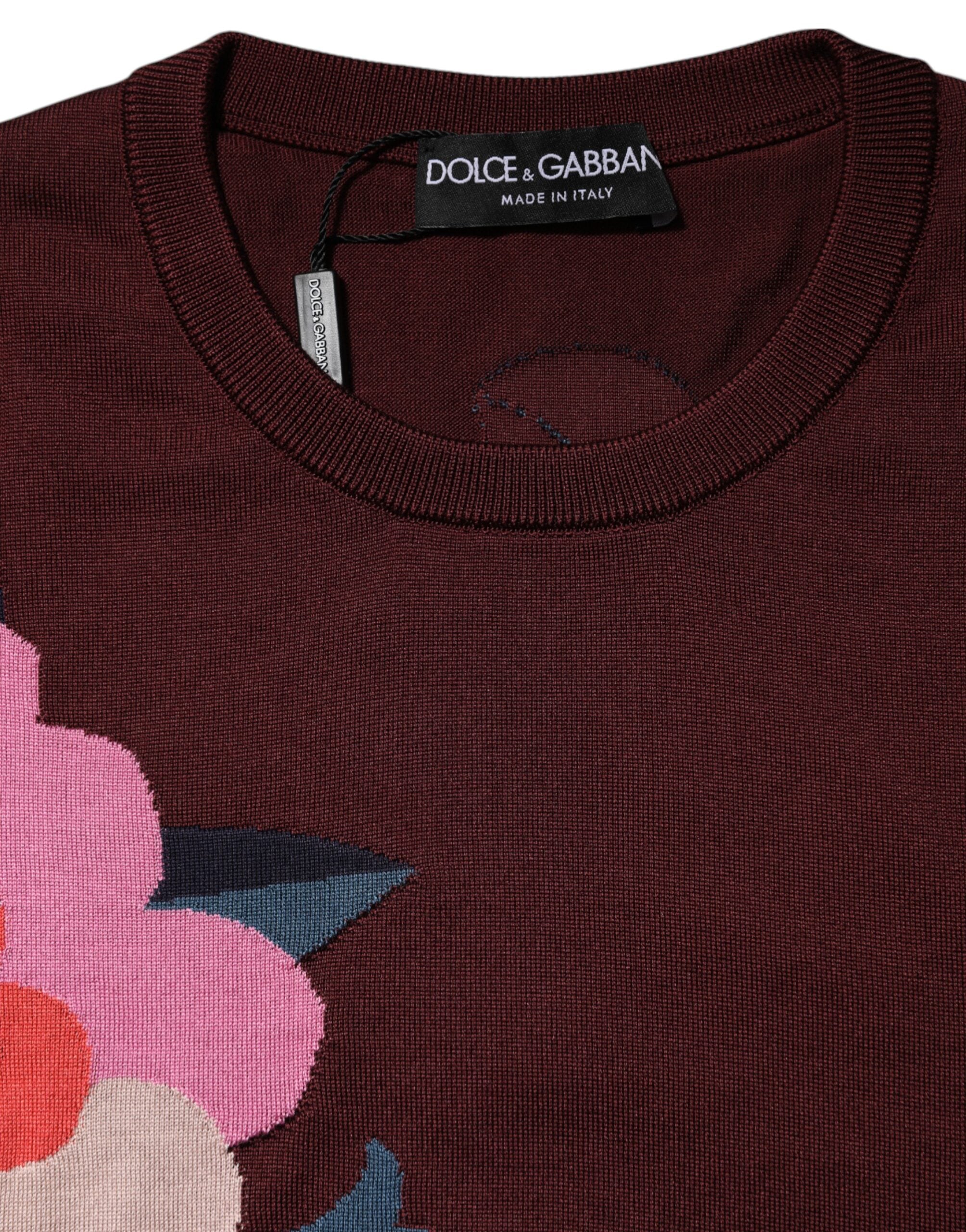 Dolce & Gabbana Maroon Floral Silk Crew Neck Blouse Women's Top (Pre-Owned)