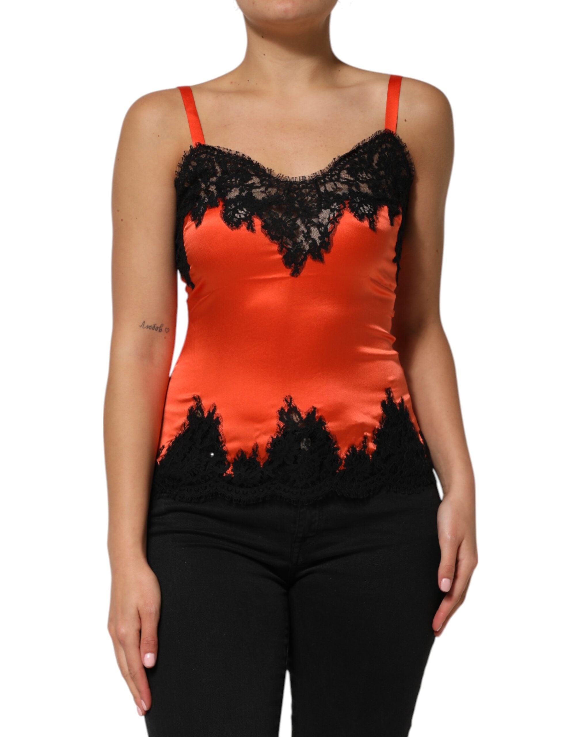 Dolce & Gabbana Red Black Lace Trim Silk Sleeveless Tank Women's Top